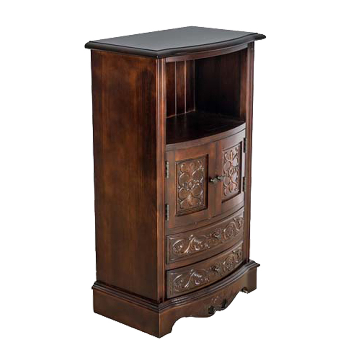 Engraved Wooden Frame Storage Cabinet With 2 Drawers And 2 Doors, Brown- Saltoro Sherpi