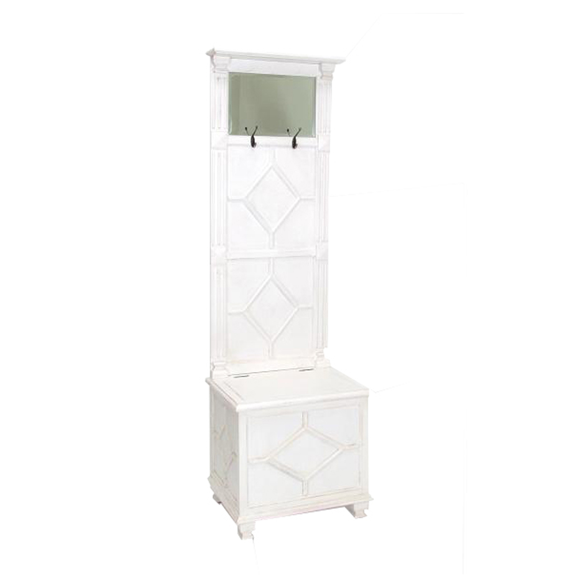 Molded Wooden Frame Hall Tree With Lift Top Box And Mirror Insert, White- Saltoro Sherpi