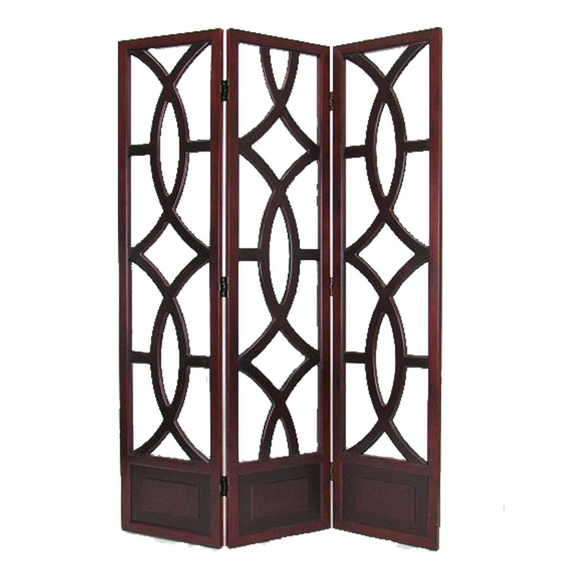 Open Cut Out Design 3 Panel Wooden Frame Screen With Double Hinges, Brown- Saltoro Sherpi
