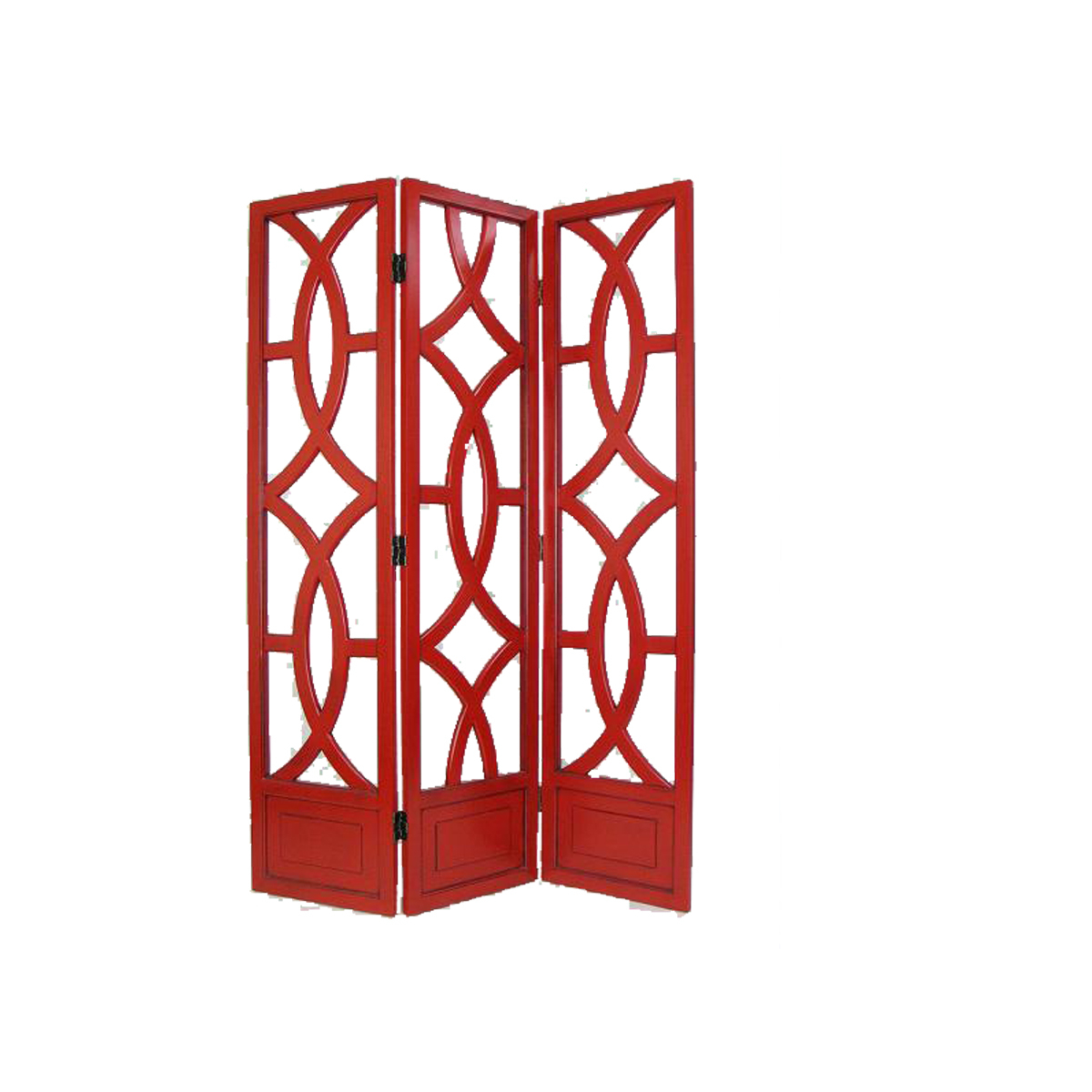 Open Cut Out Design 3 Panel Wooden Frame Screen With Double Hinges, Red- Saltoro Sherpi