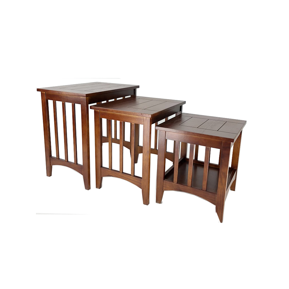 3 Piece Nesting Table With Plank Tabletop And Slatted Sides, Oak Brown- Saltoro Sherpi