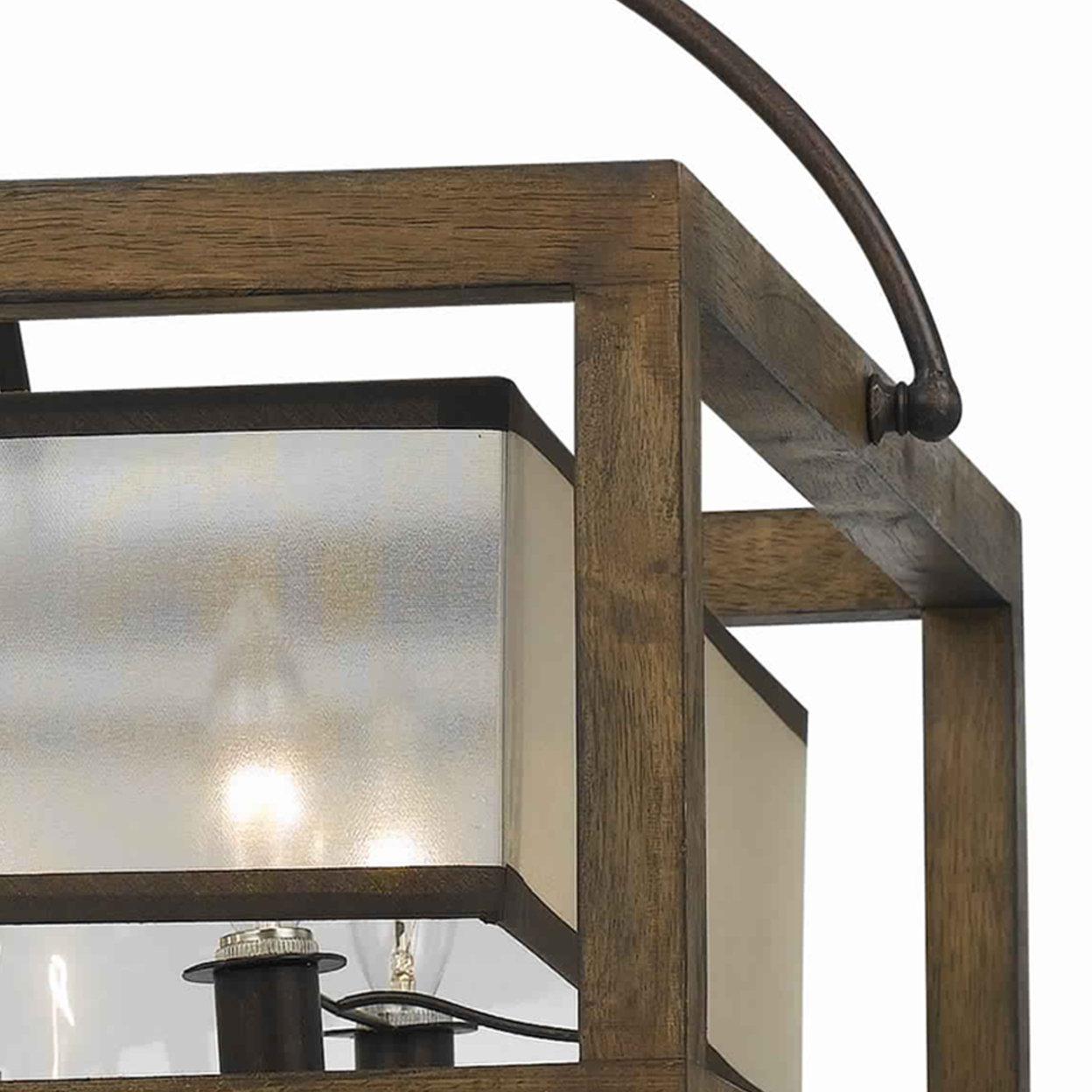 6 Bulb Square Chandelier With Wooden Frame And Organza Striped Shade, Brown- Saltoro Sherpi
