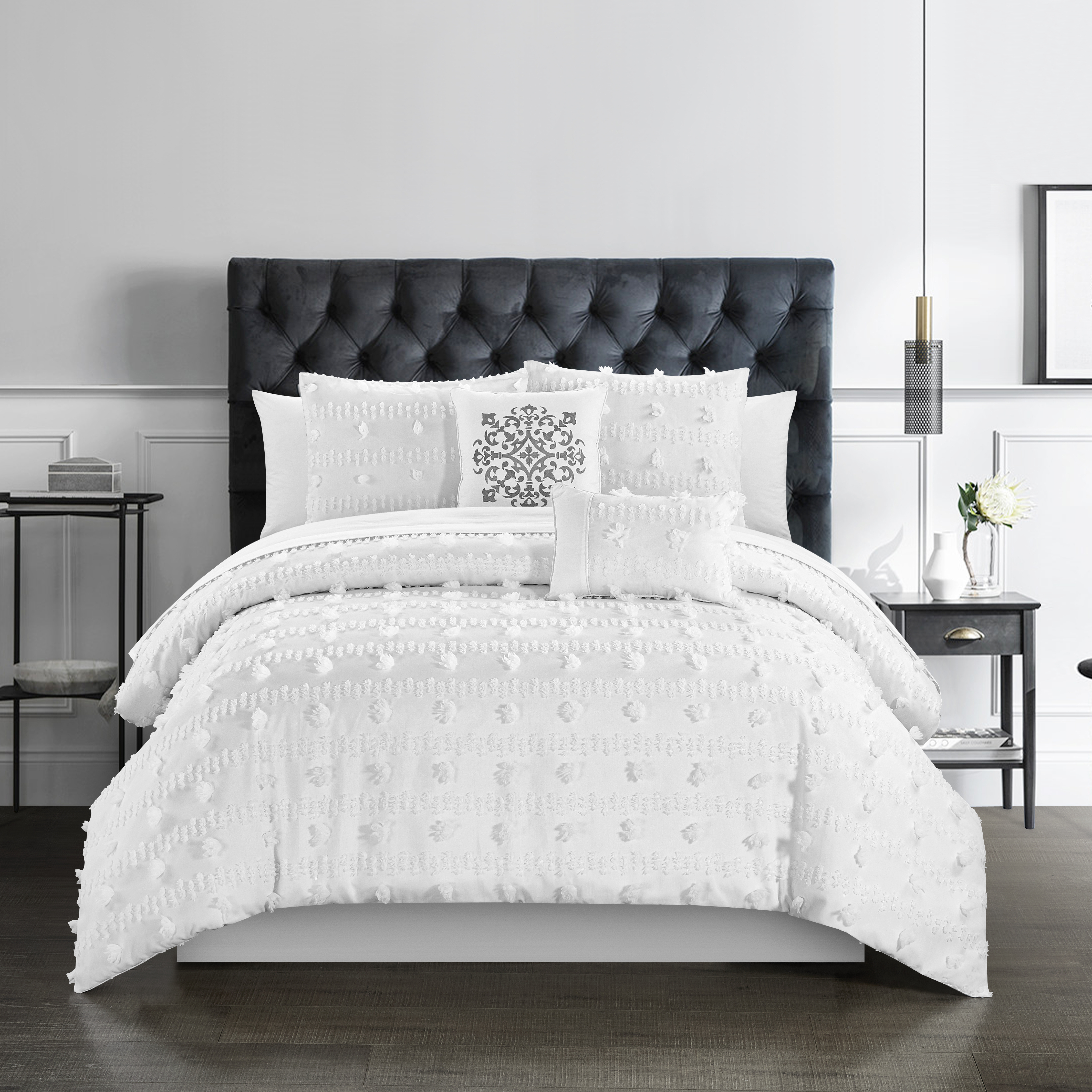 Ahtisa 5 Piece Comforter Set Jacquard Floral Applique Design Bedding - White, King