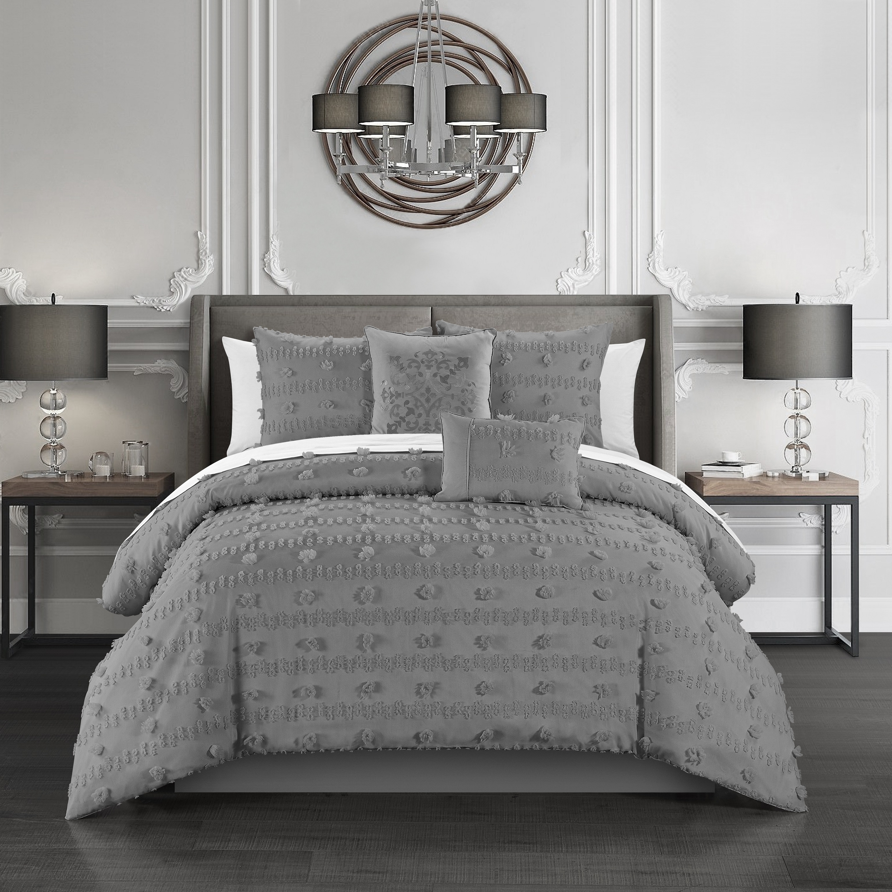 Ahtisa 5 Piece Comforter Set Jacquard Floral Applique Design Bedding - Sand, Queen