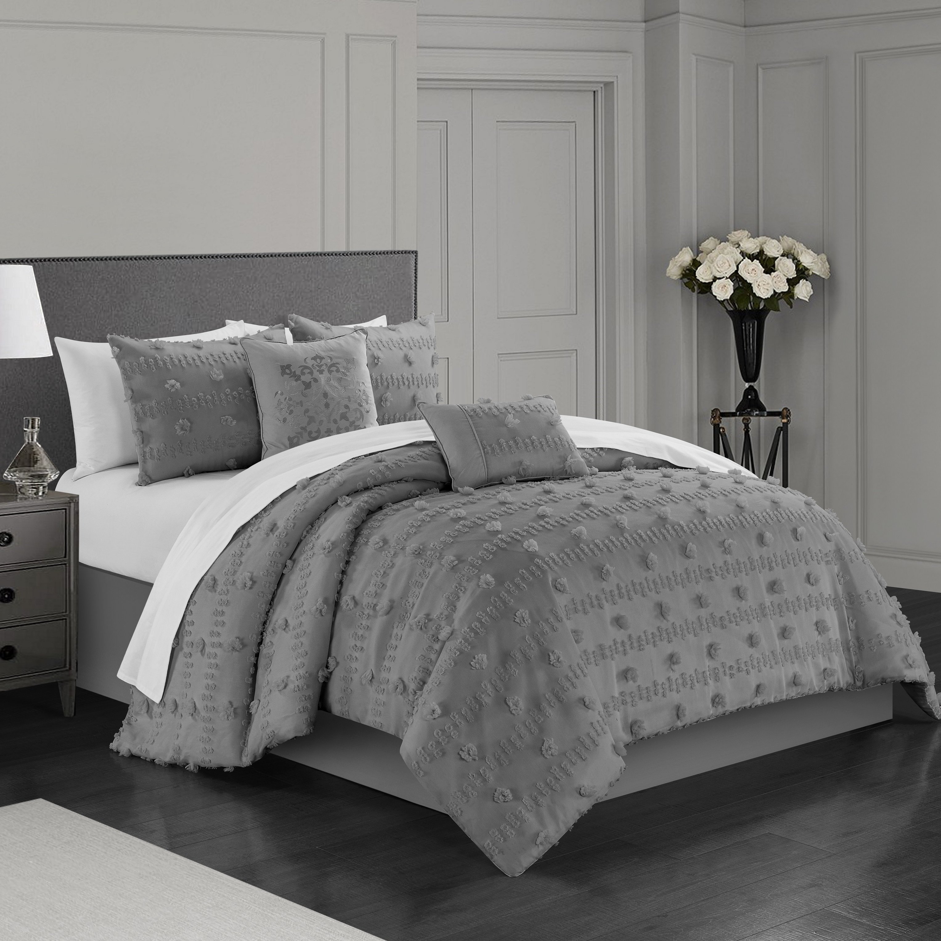 Ahtisa 5 Piece Comforter Set Jacquard Floral Applique Design Bedding - Grey, King