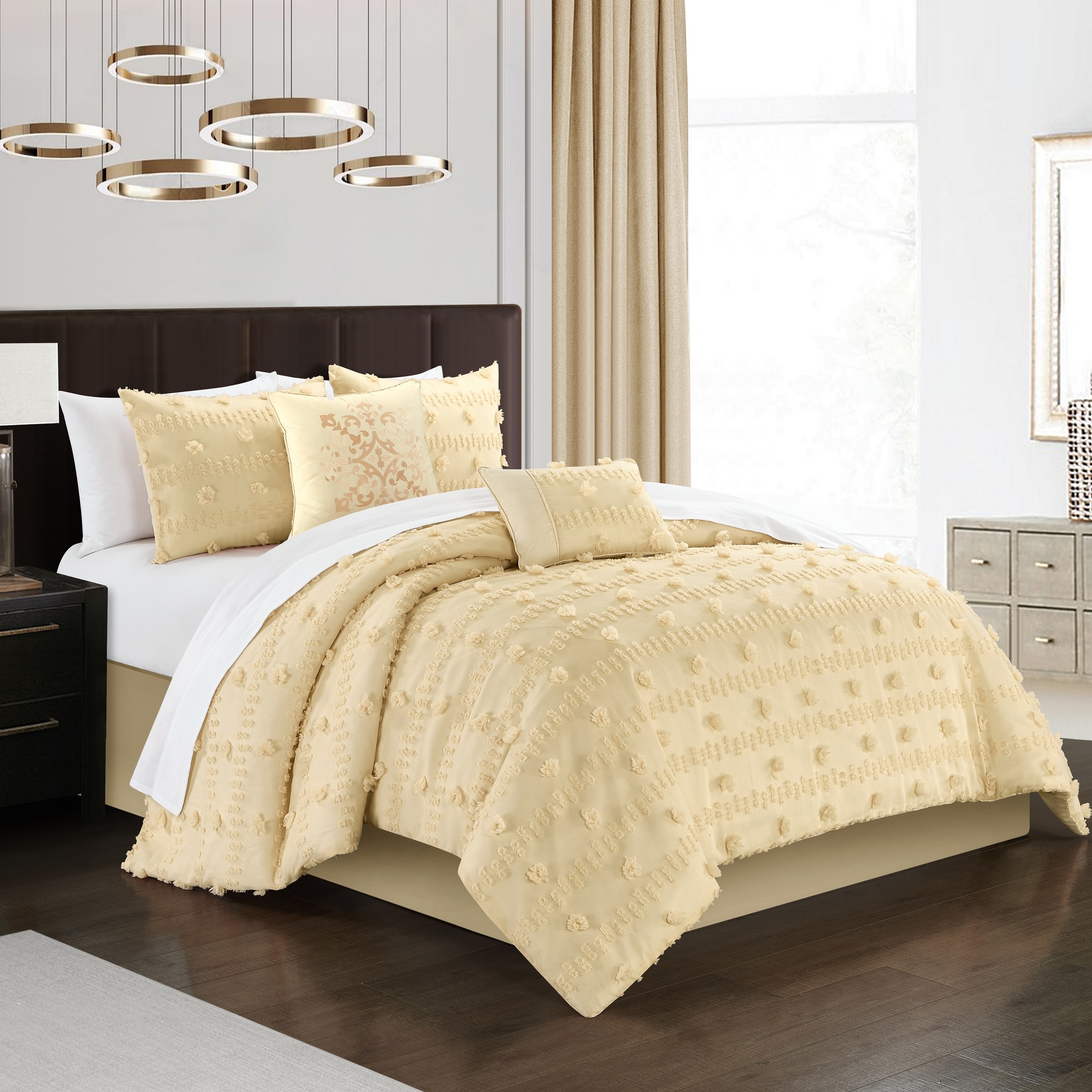 Ahtisa 5 Piece Comforter Set Jacquard Floral Applique Design Bedding - Sand, King