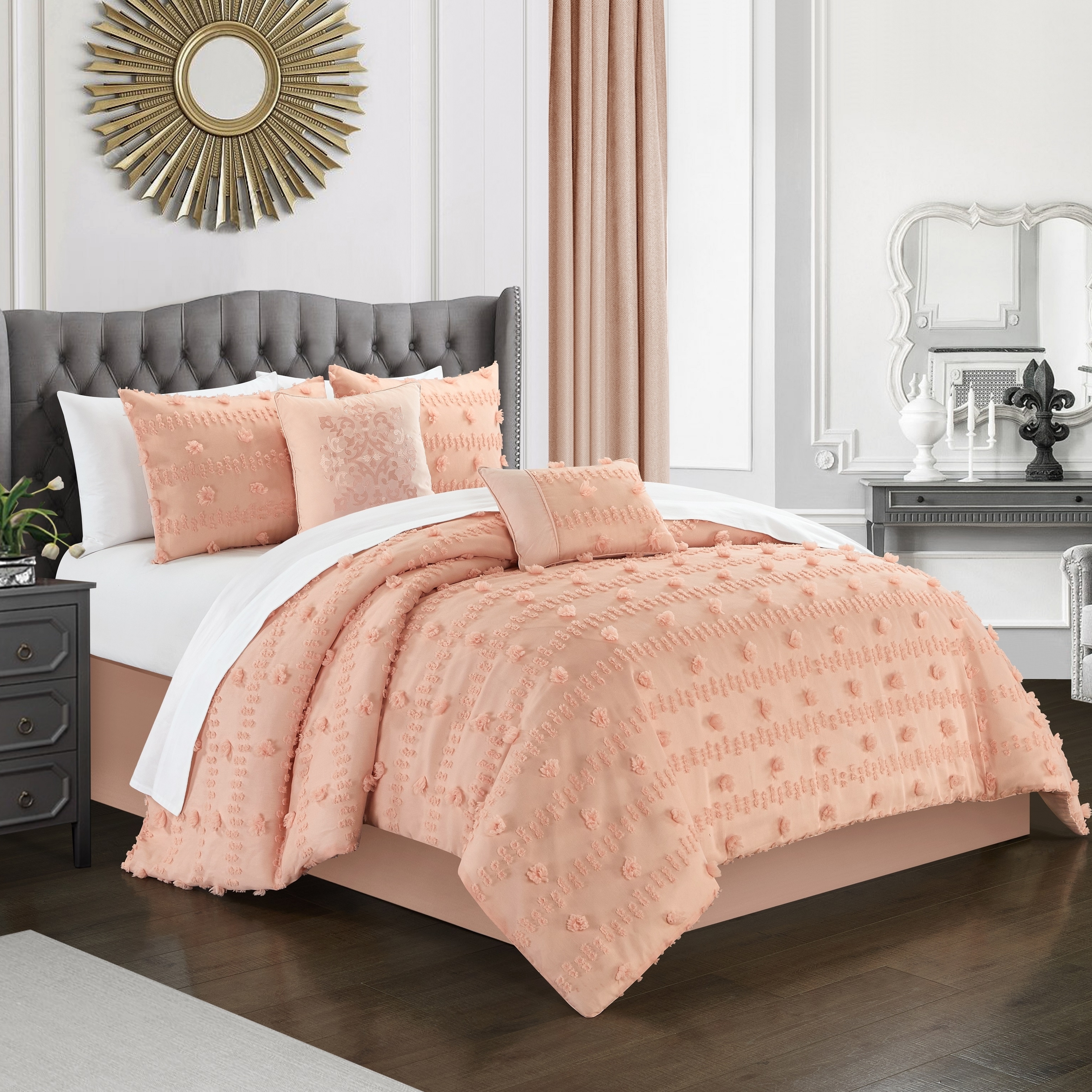 Ahtisa 5 Piece Comforter Set Jacquard Floral Applique Design Bedding - Blush, King