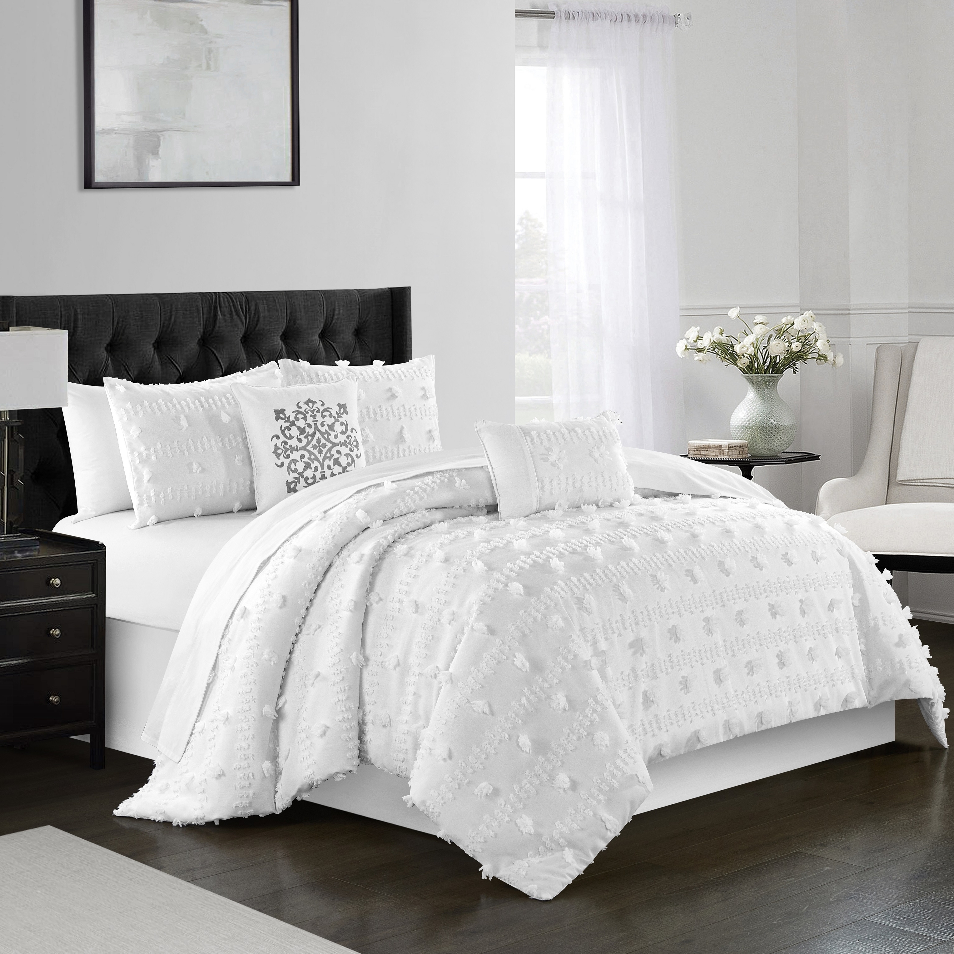 Ahtisa 5 Piece Comforter Set Jacquard Floral Applique Design Bedding - White, King