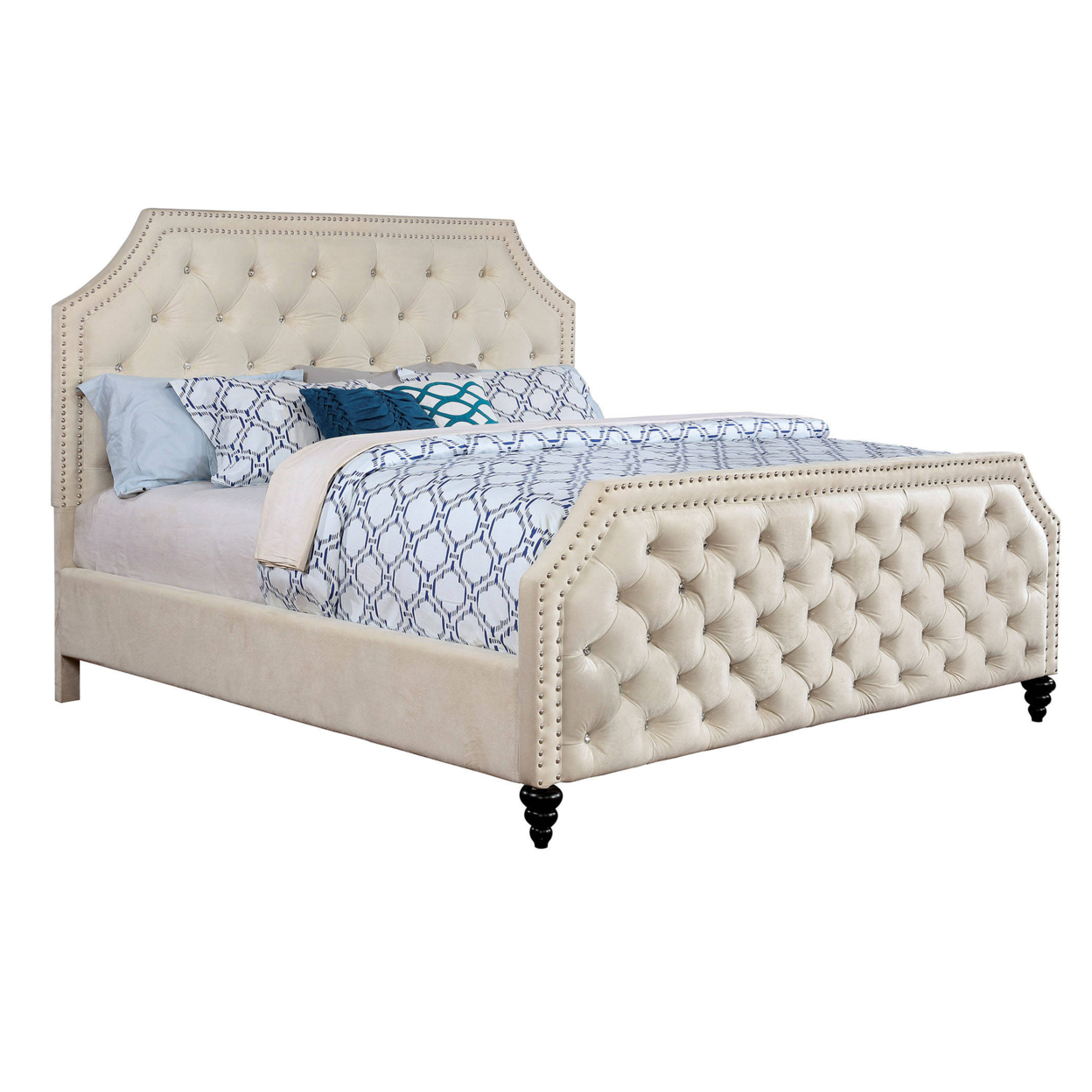 Button Tufted Fabric Upholstered Queen Bed With Corner Cut Design, Beige- Saltoro Sherpi
