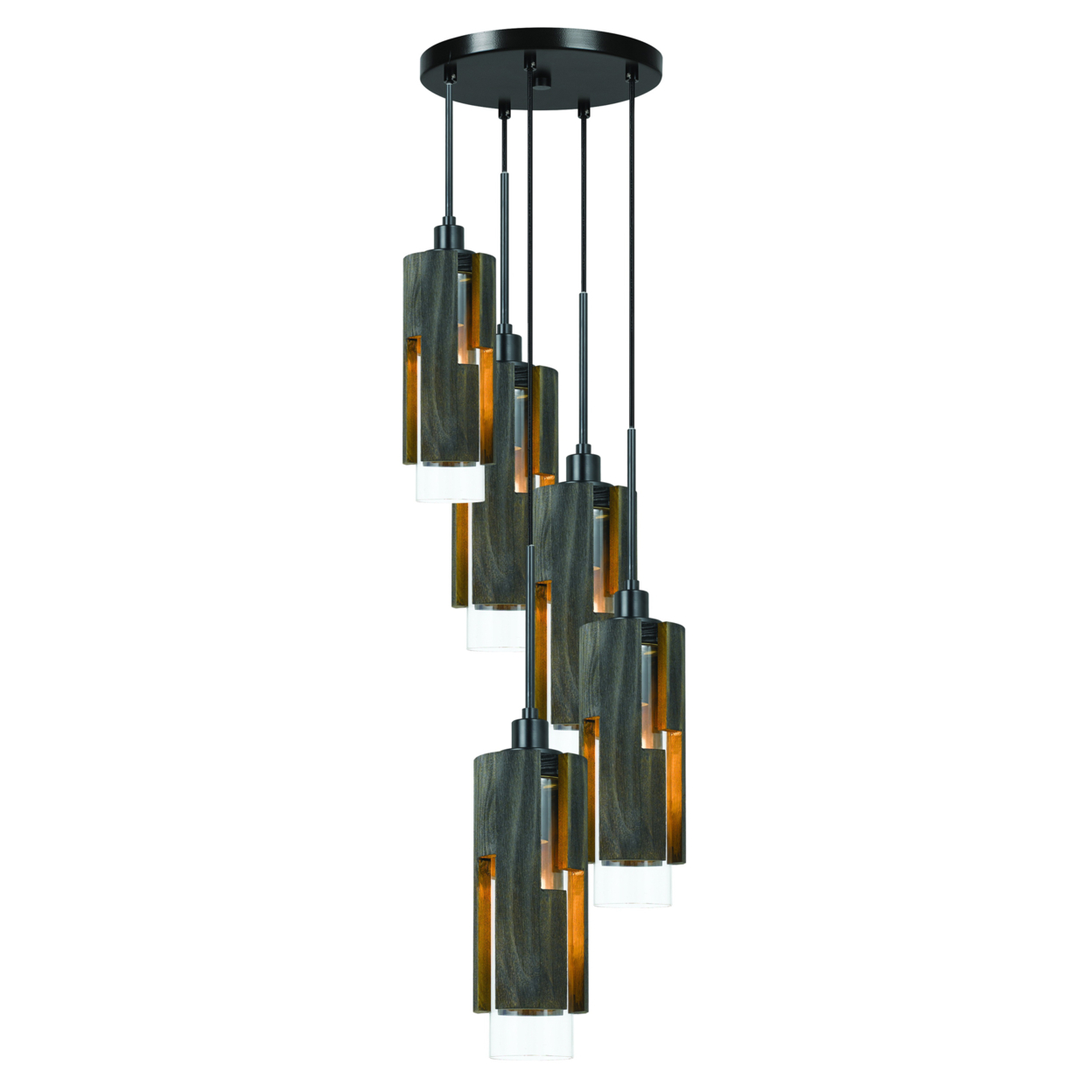 5 Light Metal Frame Pendant Fixture With Wooden And Glass Shades, Gray- Saltoro Sherpi