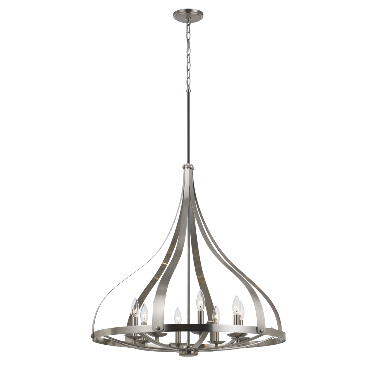 8 Bulb Chandelier With Round Metal Frame And Candle Style Lights, Silver- Saltoro Sherpi