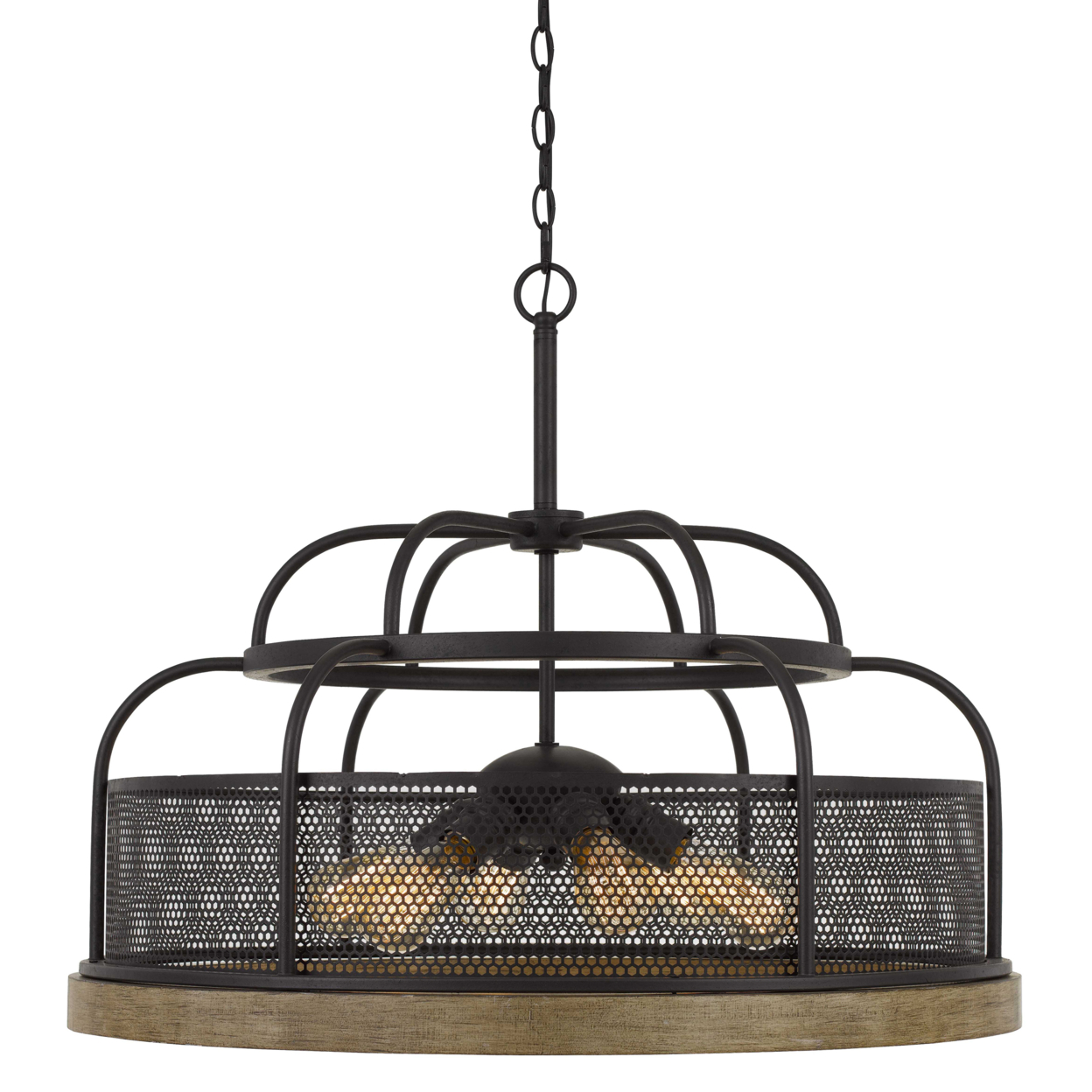 6 Bulb Chandelier With Wooden And Perforated Metal Frame, Black And Brown- Saltoro Sherpi