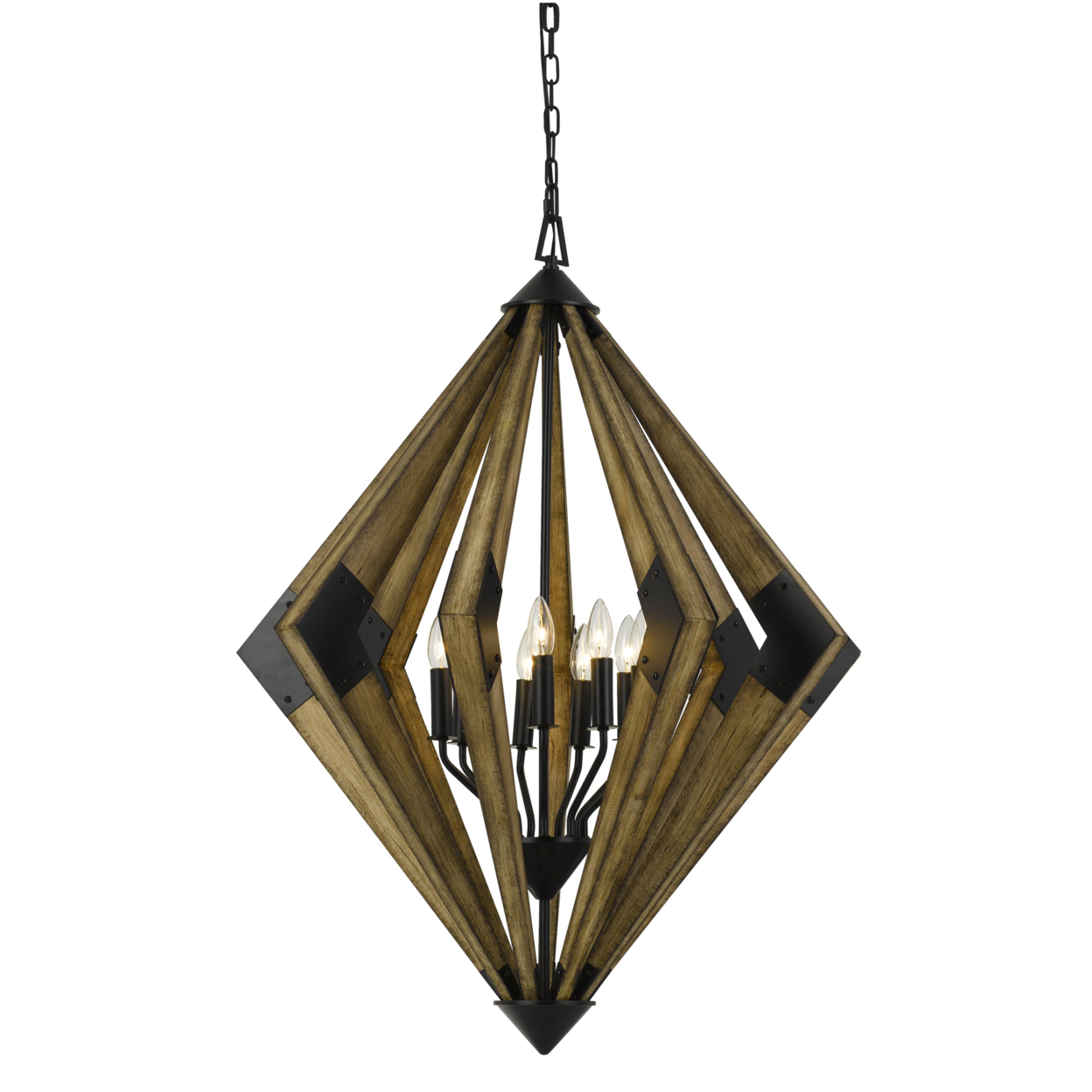 9 Bulb Diamond Shape Wooden Chandelier With Metal Accents, Brown- Saltoro Sherpi