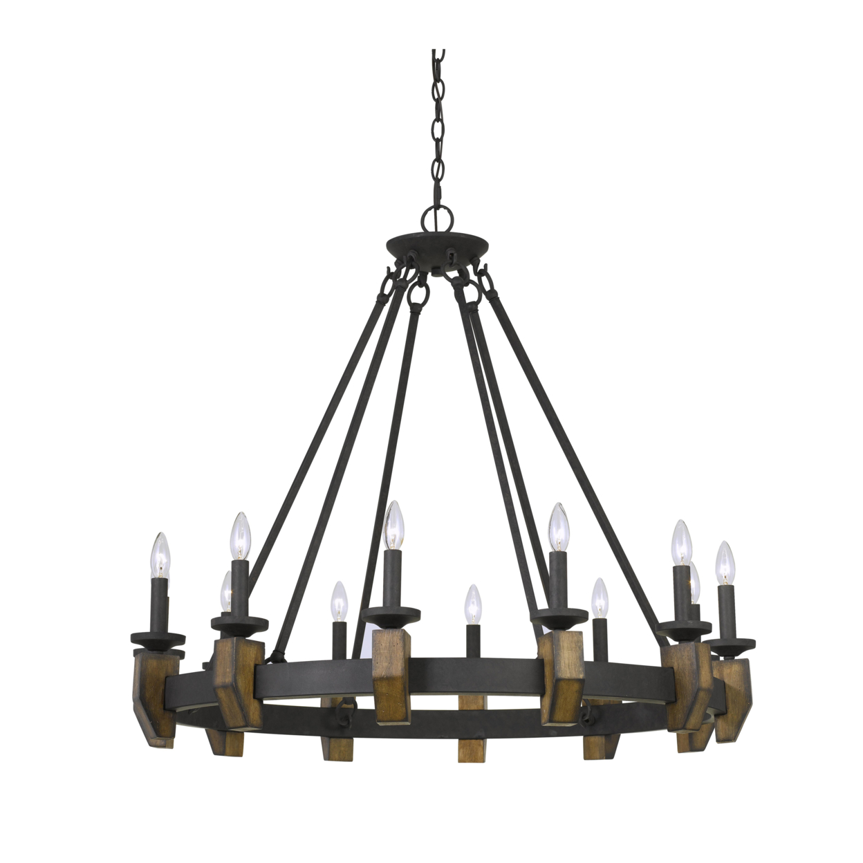 12 Bulb Round Metal Chandelier With Candle Lights And Wooden Accents, Black- Saltoro Sherpi