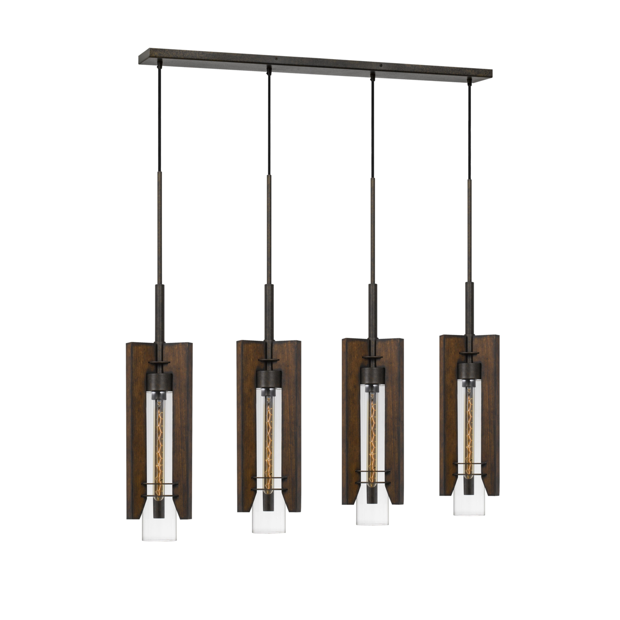 4 Bulb Pendant Fixture With Wooden And Glass Shades, Brown And Black- Saltoro Sherpi