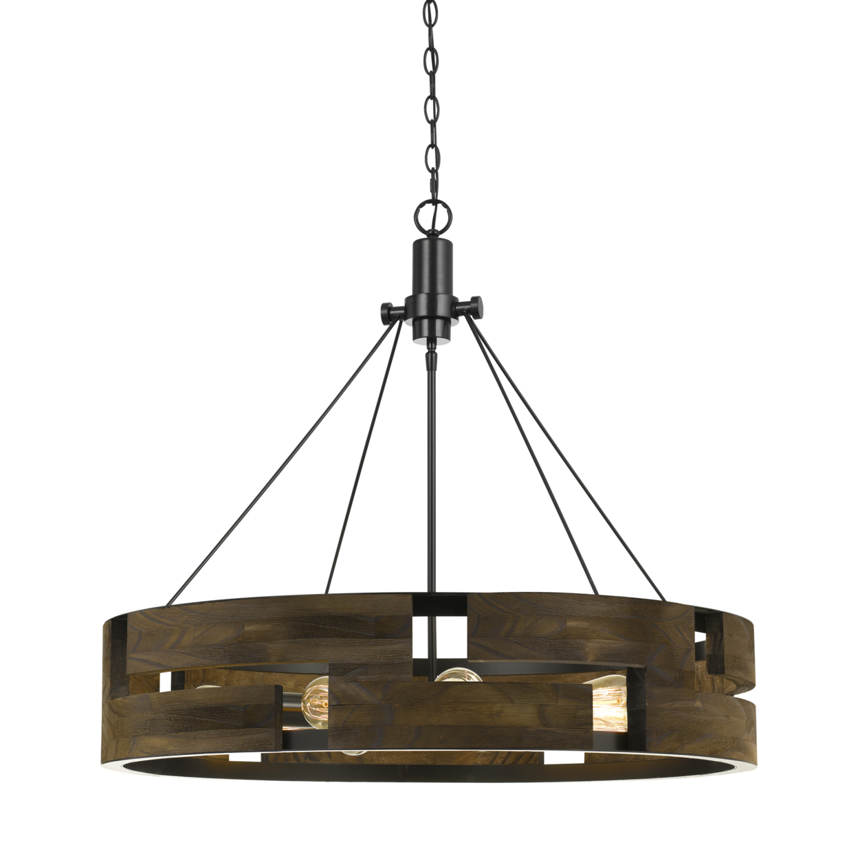 9 Bulb Round Wooden Frame Chandelier With Geometric Cut Out Design, Brown- Saltoro Sherpi