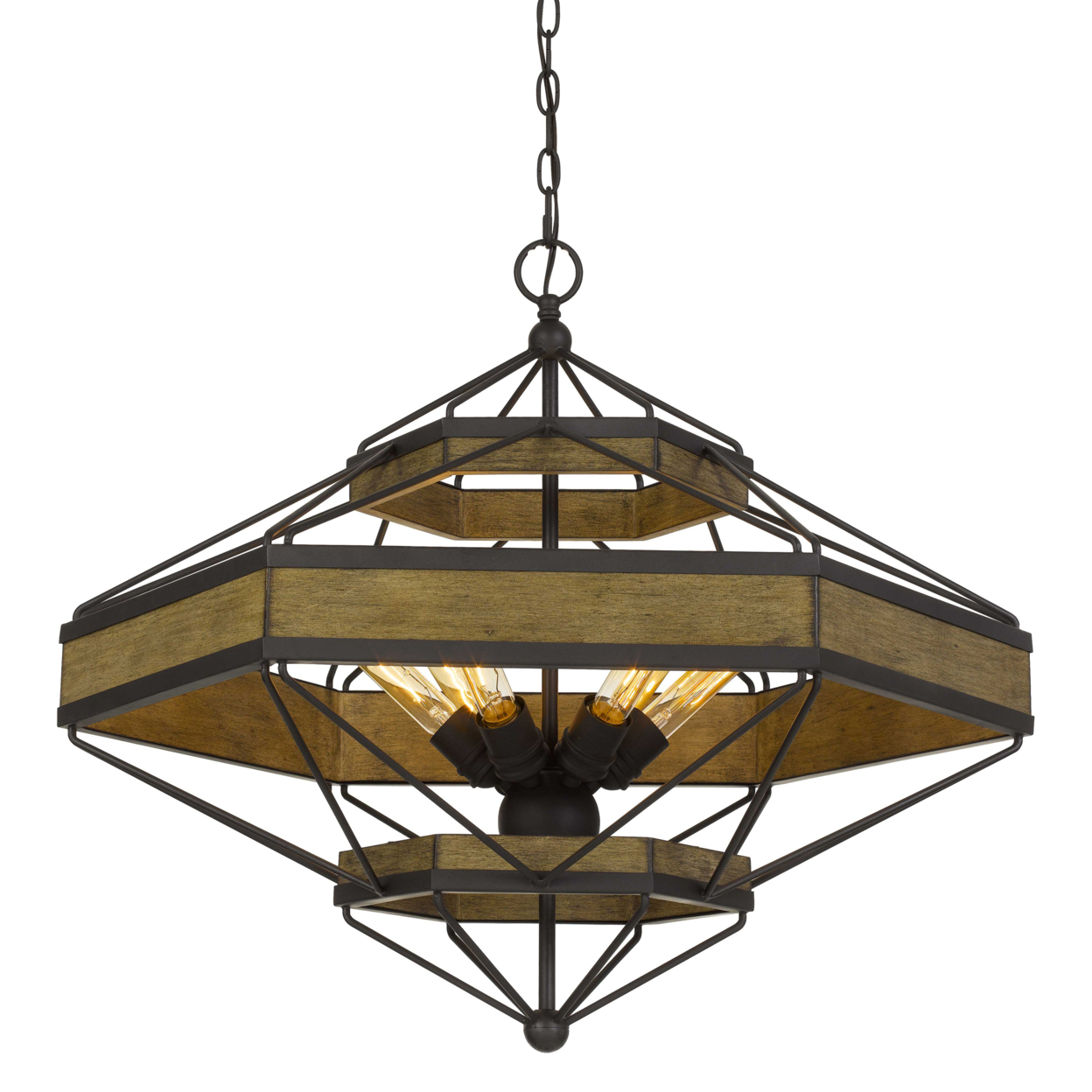 6 Bulb Chandelier With Hexagonal Metal And Wooden Frame, Brown And Bronze- Saltoro Sherpi