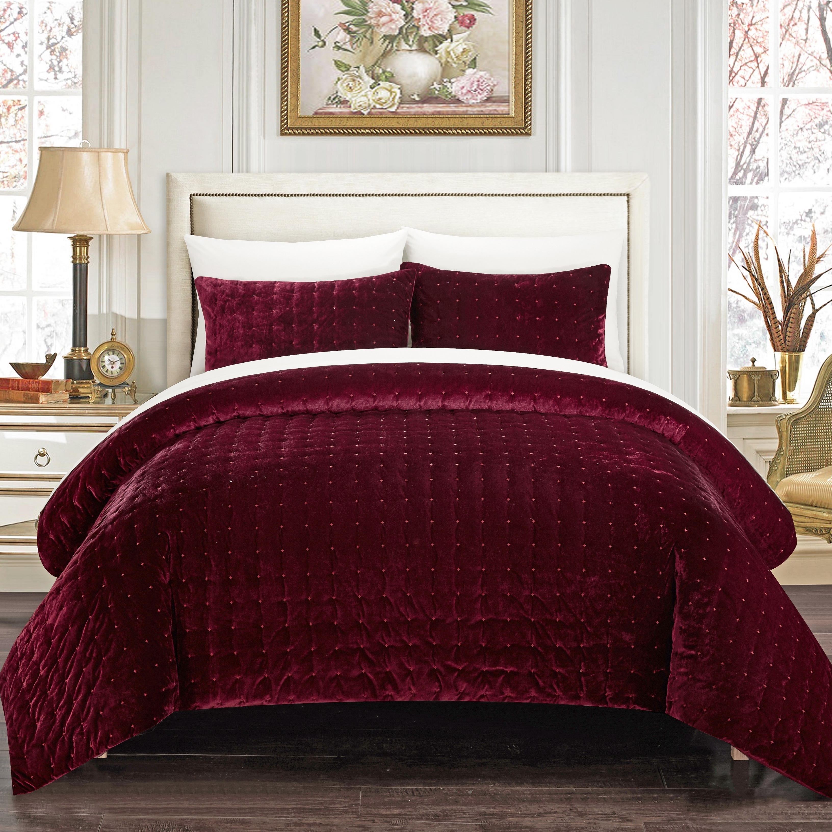 Chyna 3 Piece Comforter Set Luxurious Velvet Bedding - Burgundy, King
