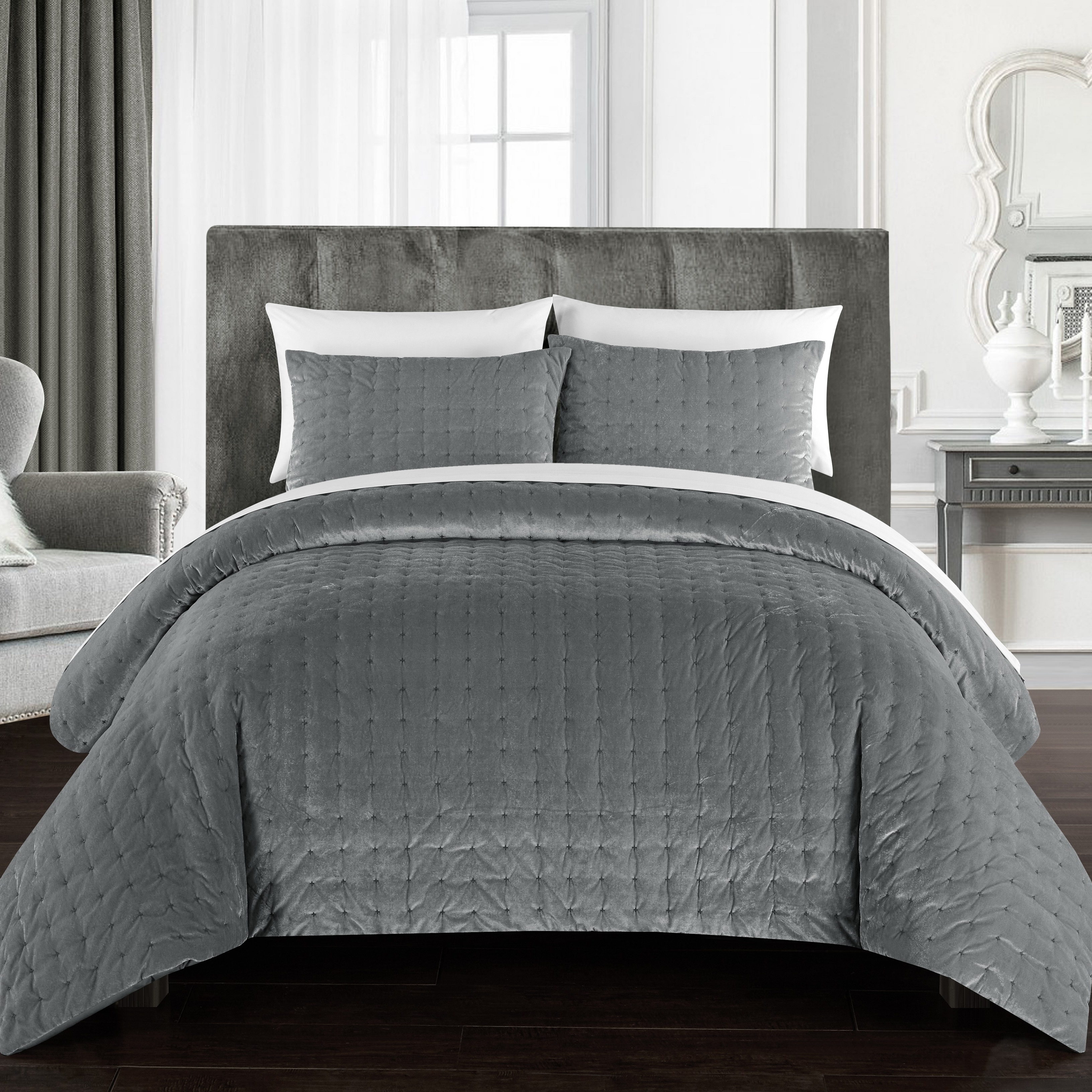 Chyna 3 Piece Comforter Set Luxurious Velvet Bedding - Grey, Queen