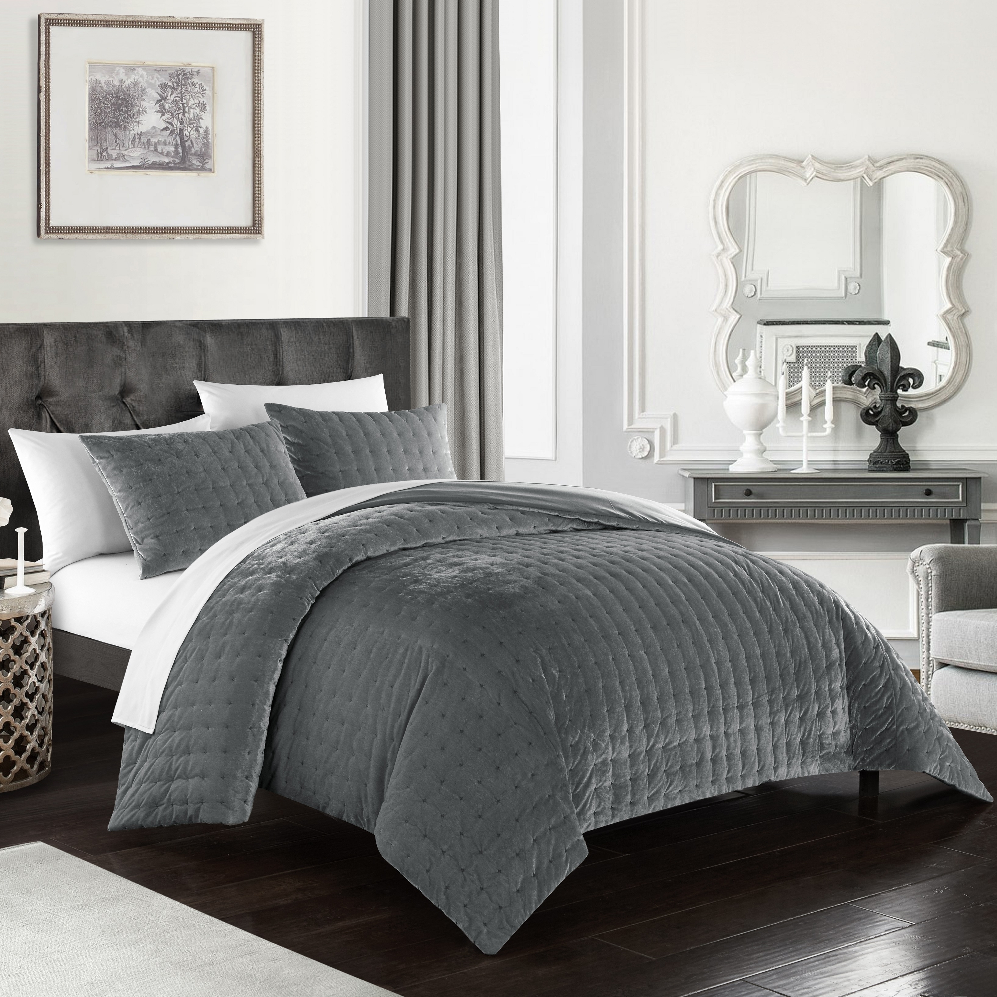 Chyna 3 Piece Comforter Set Luxurious Velvet Bedding - Grey, King