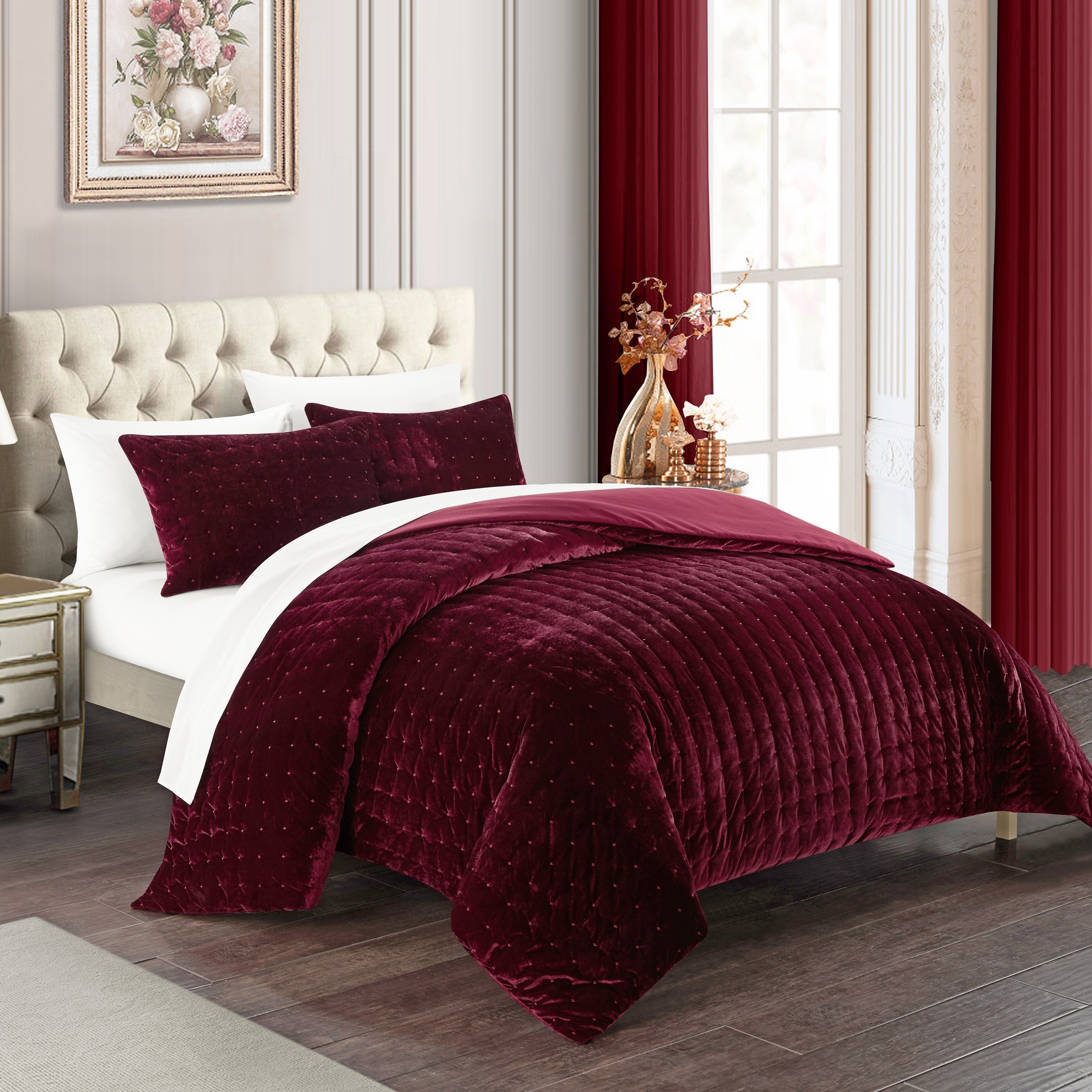 Chyna 3 Piece Comforter Set Luxurious Velvet Bedding - Burgundy, Queen