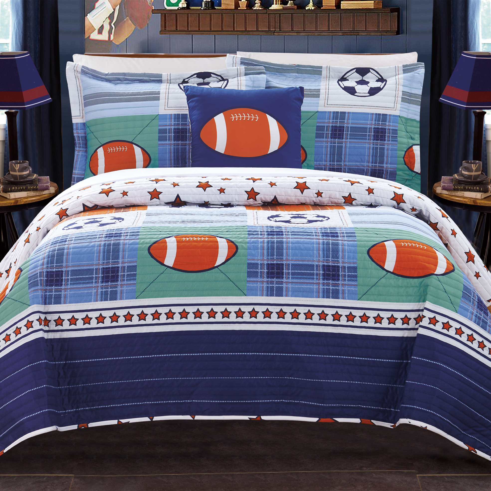 Sport 4 Or 3 Piece Reversible Quilt Set Youth Design Coverlet Bedding - Blue, Twin