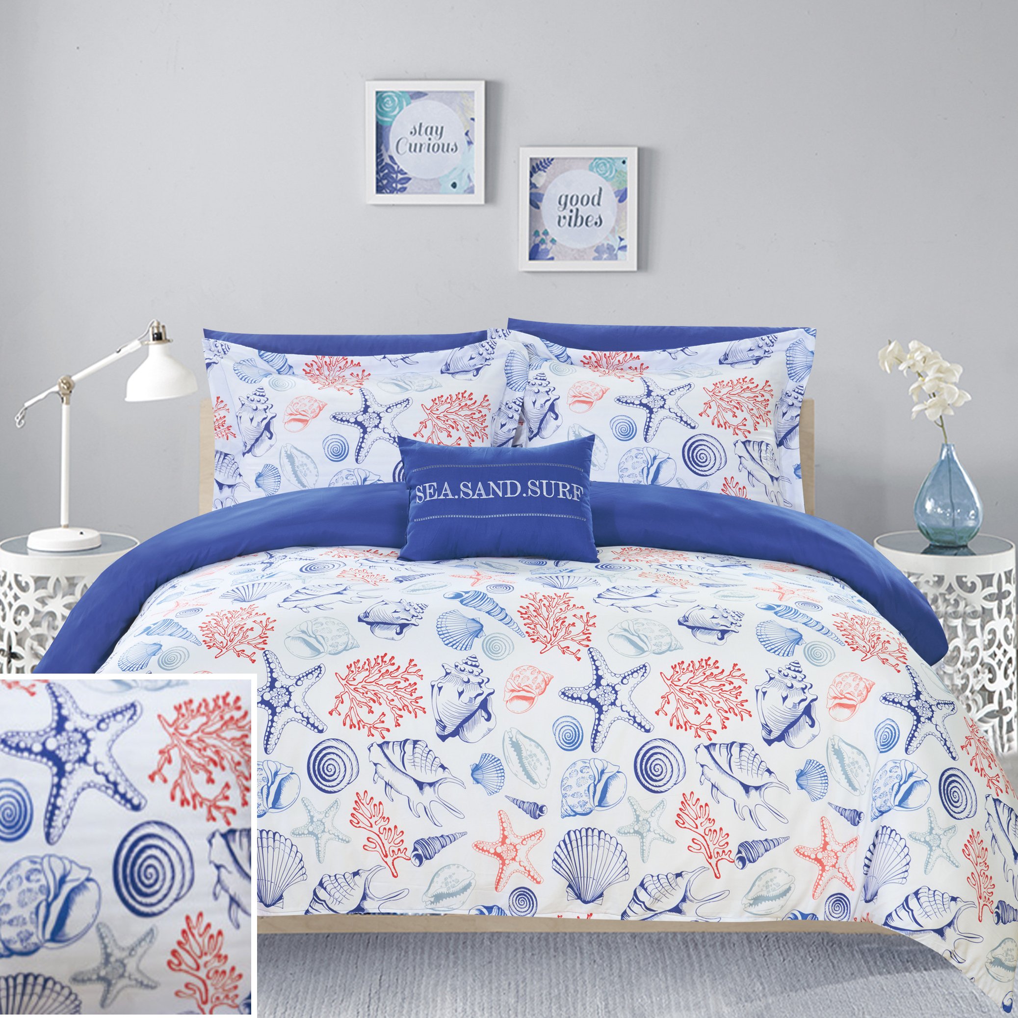 8 Or 6 Piece Reversible Comforter Set Sea, Sand, Surf Theme Print Design Bed In A Bag - Navy, Queen