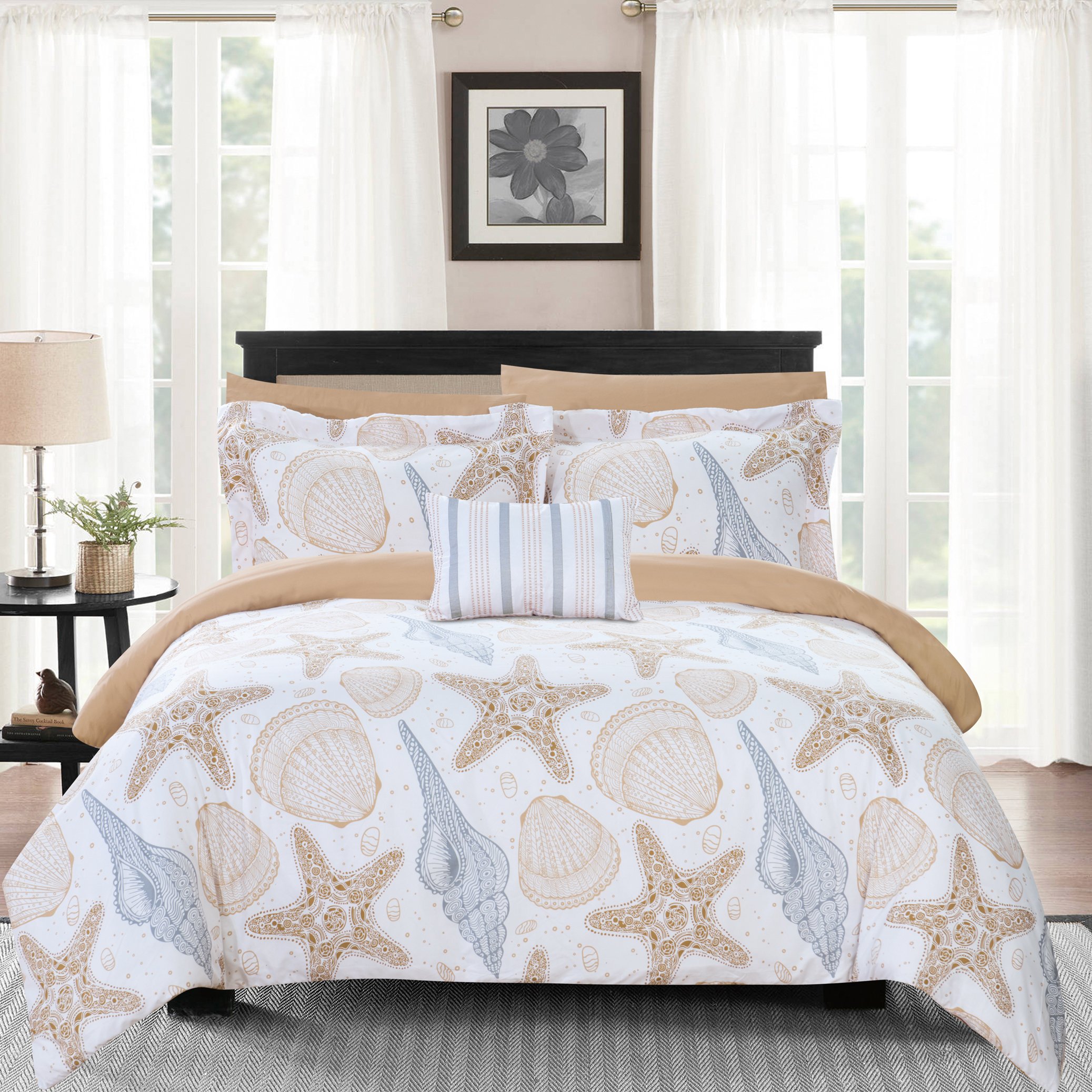 8 Or 6 Piece Reversible Comforter Set Sea, Sand, Surf Theme Print Design Bed In A Bag - Beige, King