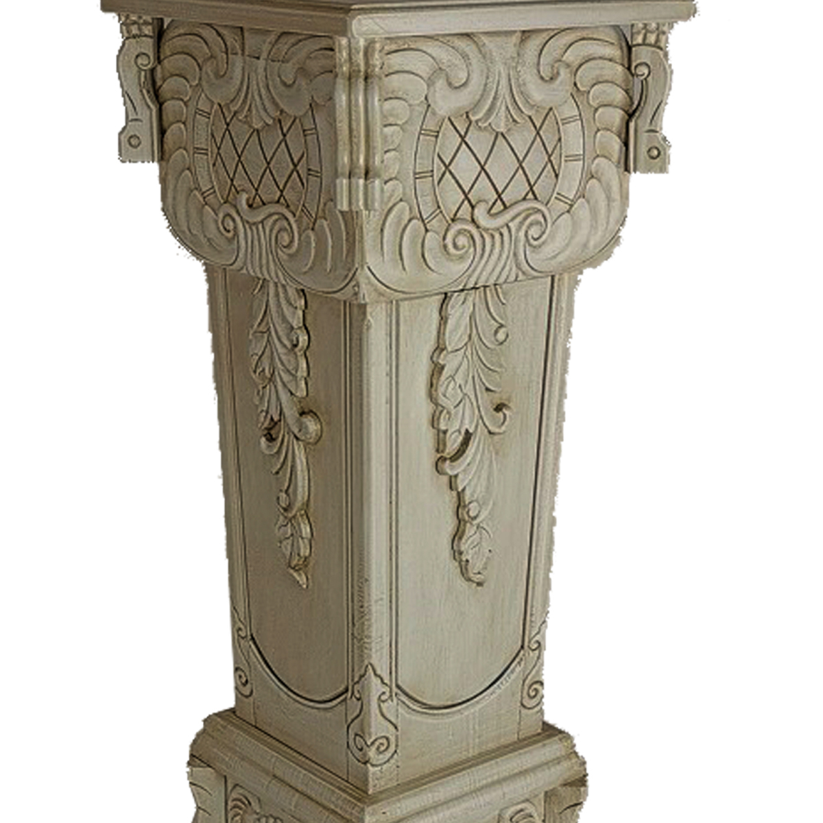 Elegantly Engraved Wooden Frame Pedestal Stand, White- Saltoro Sherpi