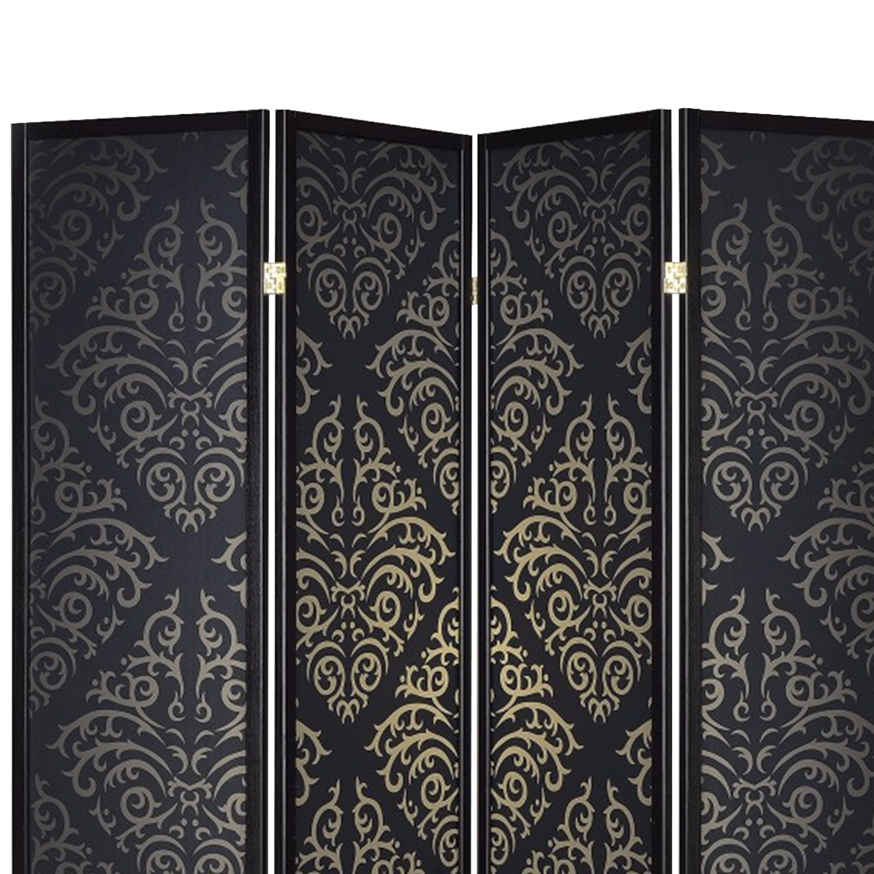 Captivating Four Panel Folding Screen With Damask Print, Black- Saltoro Sherpi