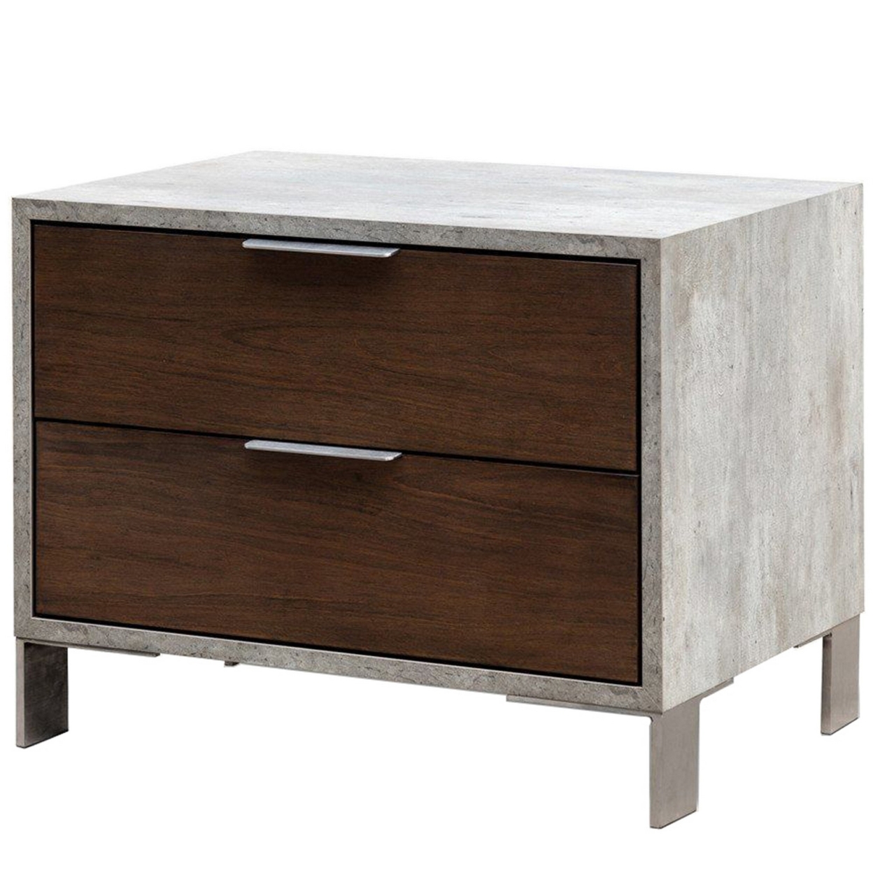 2 Drawer Faux Concrete Nightstand With Metal Legs, Brown And Gray- Saltoro Sherpi