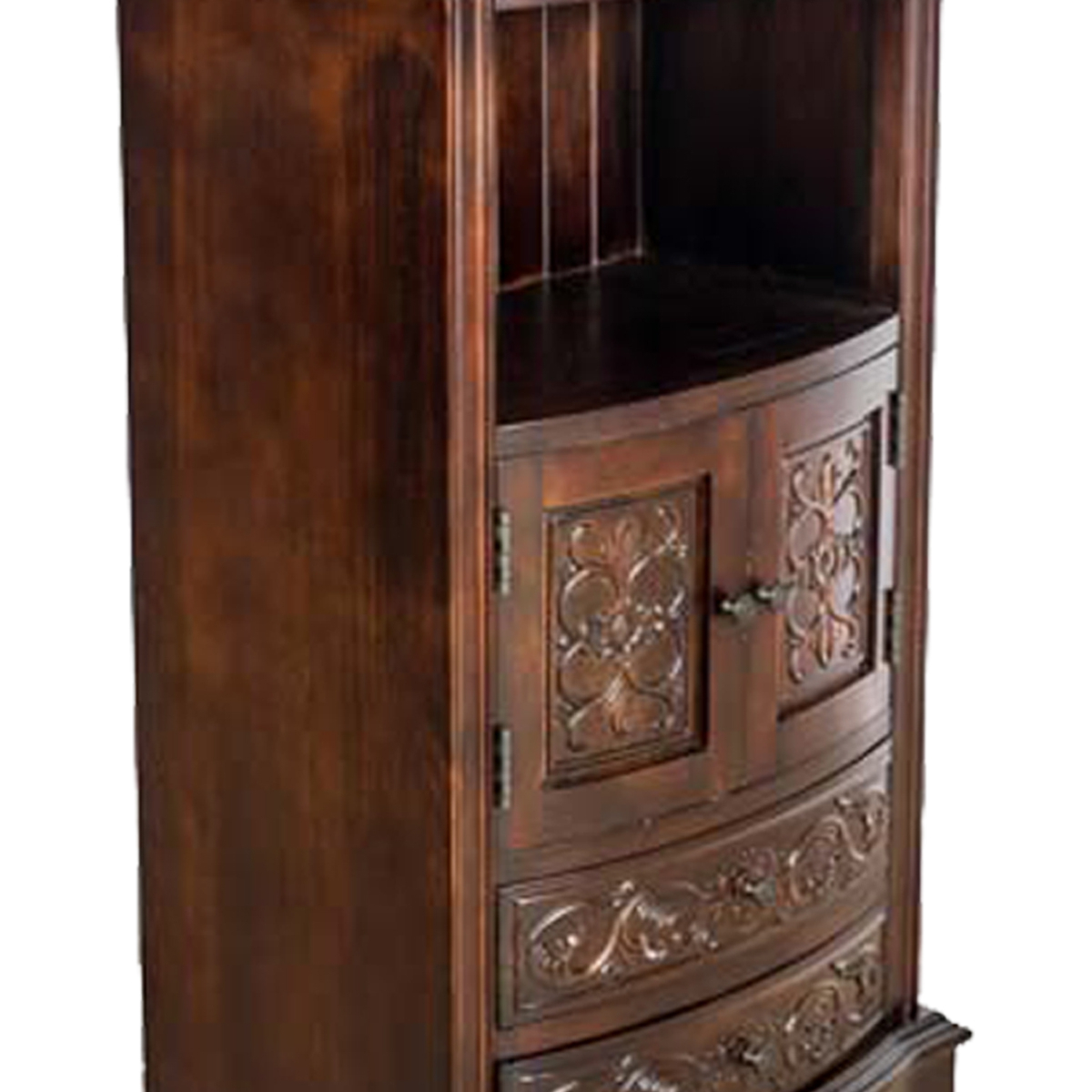 Engraved Wooden Frame Storage Cabinet With 2 Drawers And 2 Doors, Brown- Saltoro Sherpi