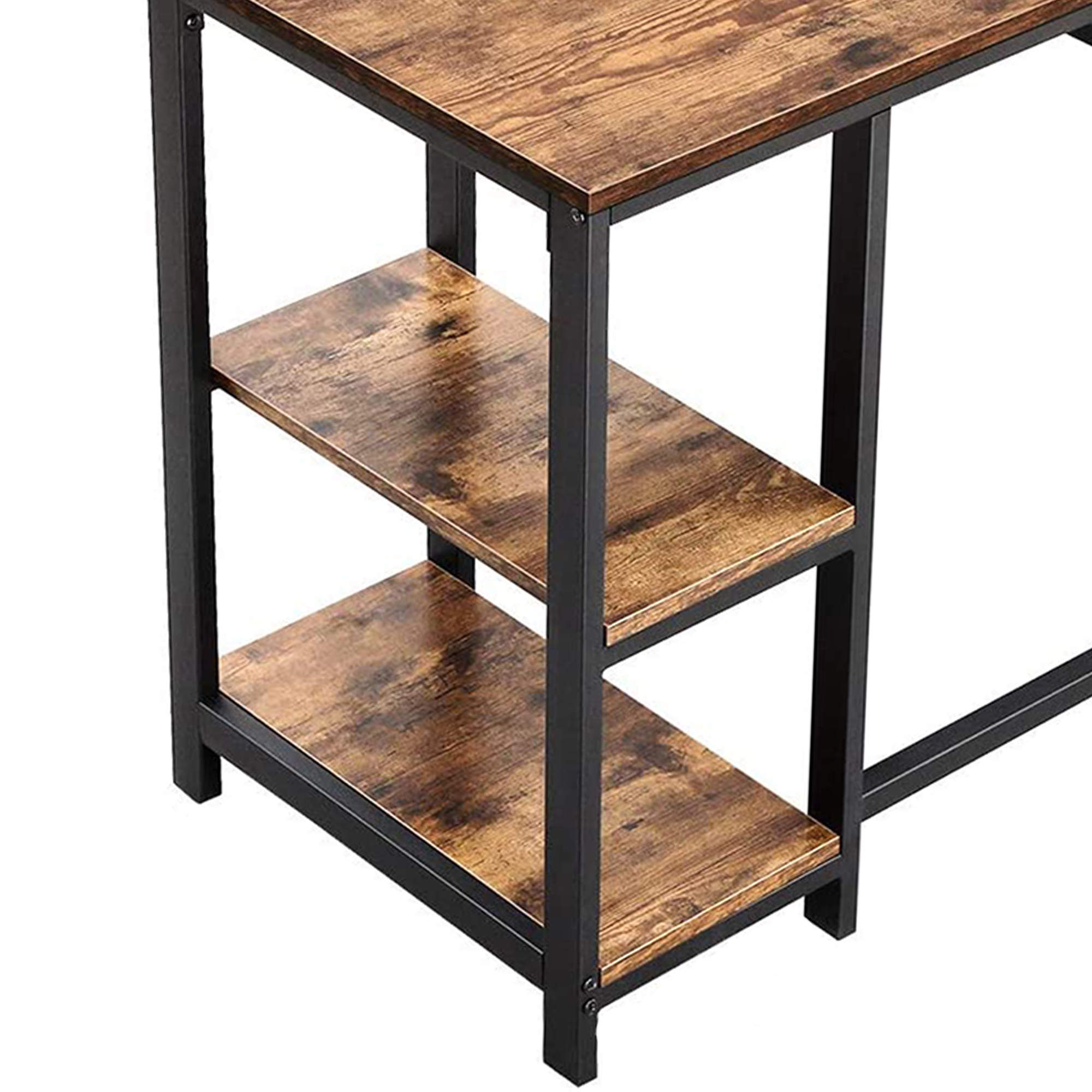 L Shape Wood And Metal Frame Computer Desk With 2 Shelves, Brown And Black- Saltoro Sherpi