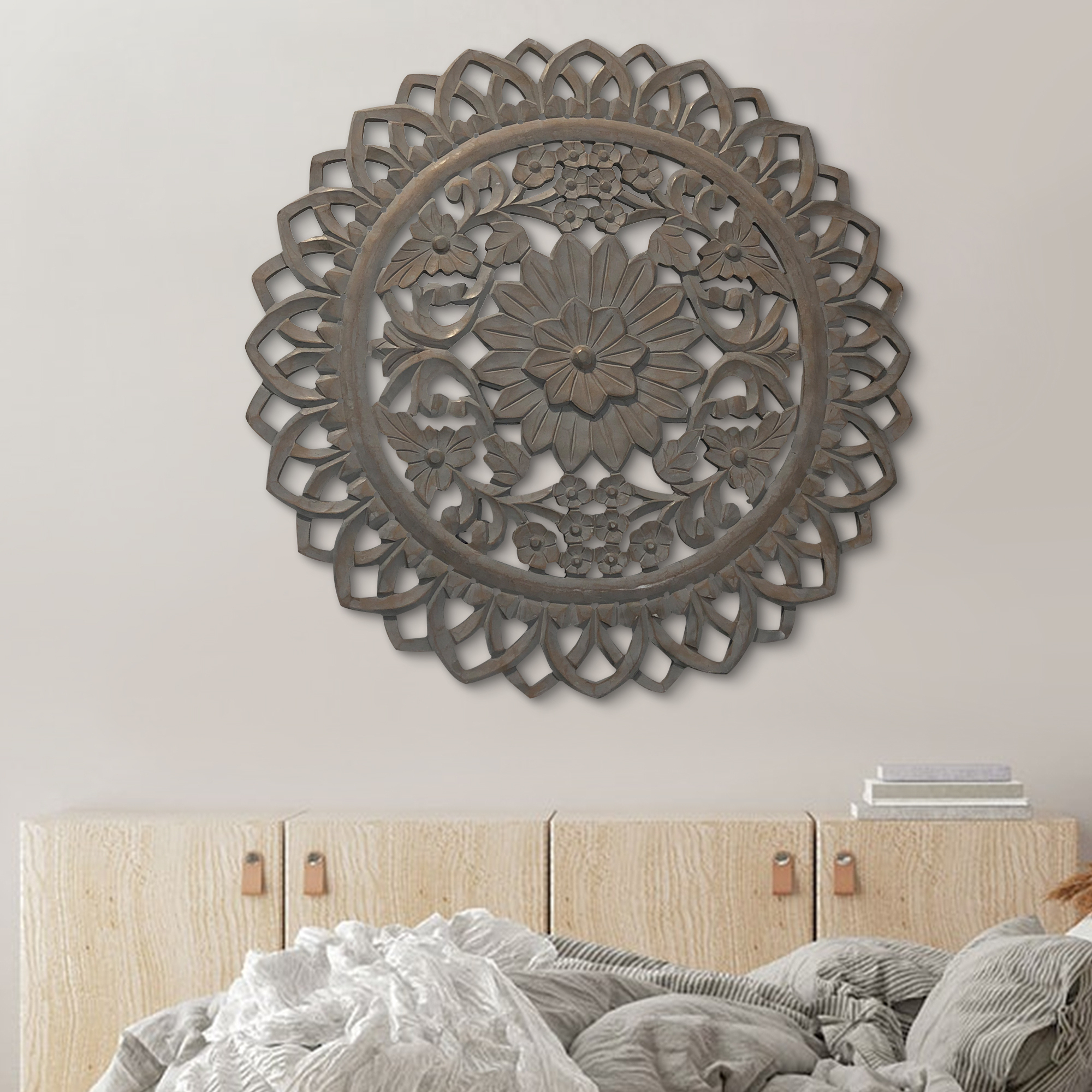 36 Inch Handcarved Wooden Round Wall Art With Floral Carving, Distressed Brown- Saltoro Sherpi