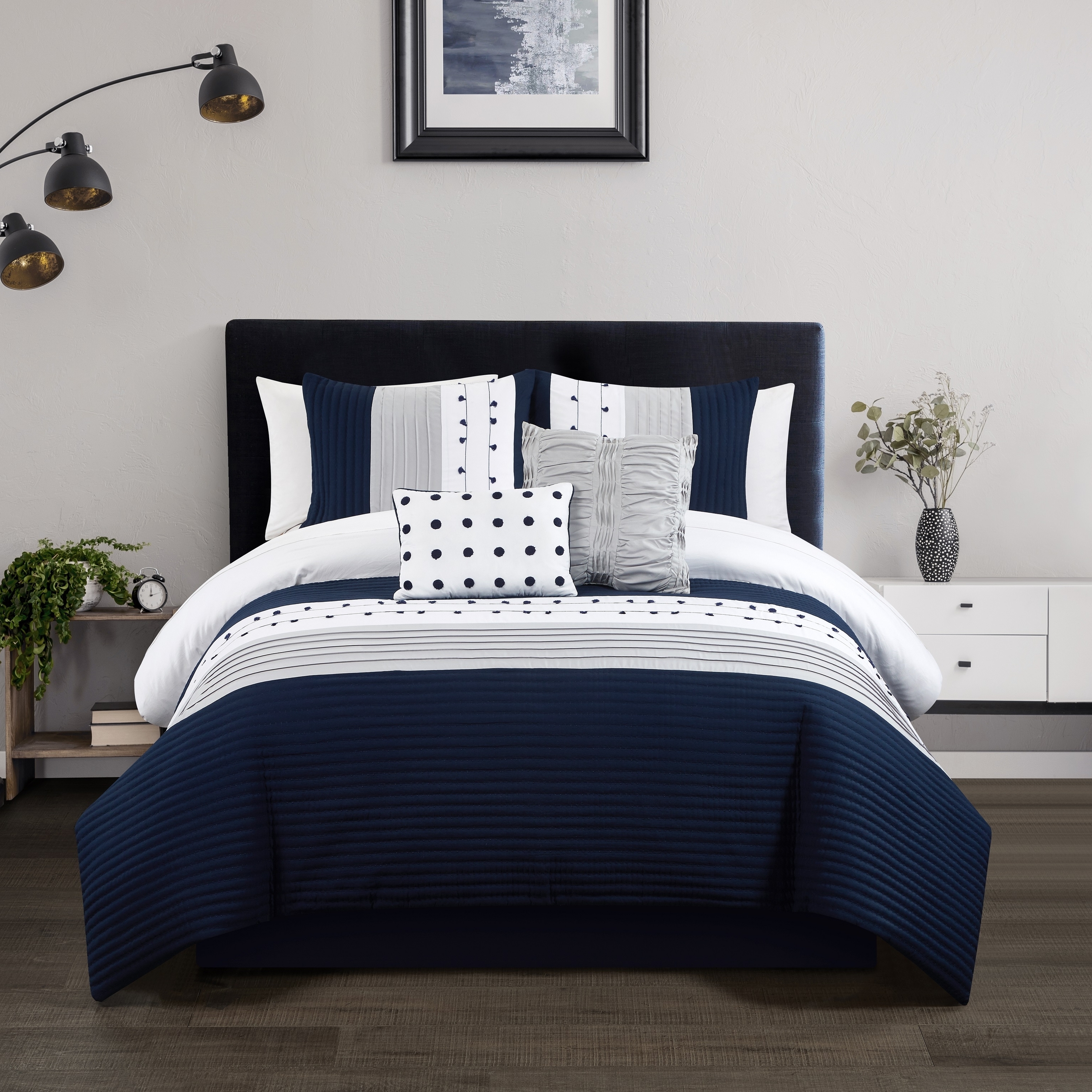 Lainy 5 Piece Comforter Set Color Block Pleated Ribbed Embroidered Bedding - Navy, Queen