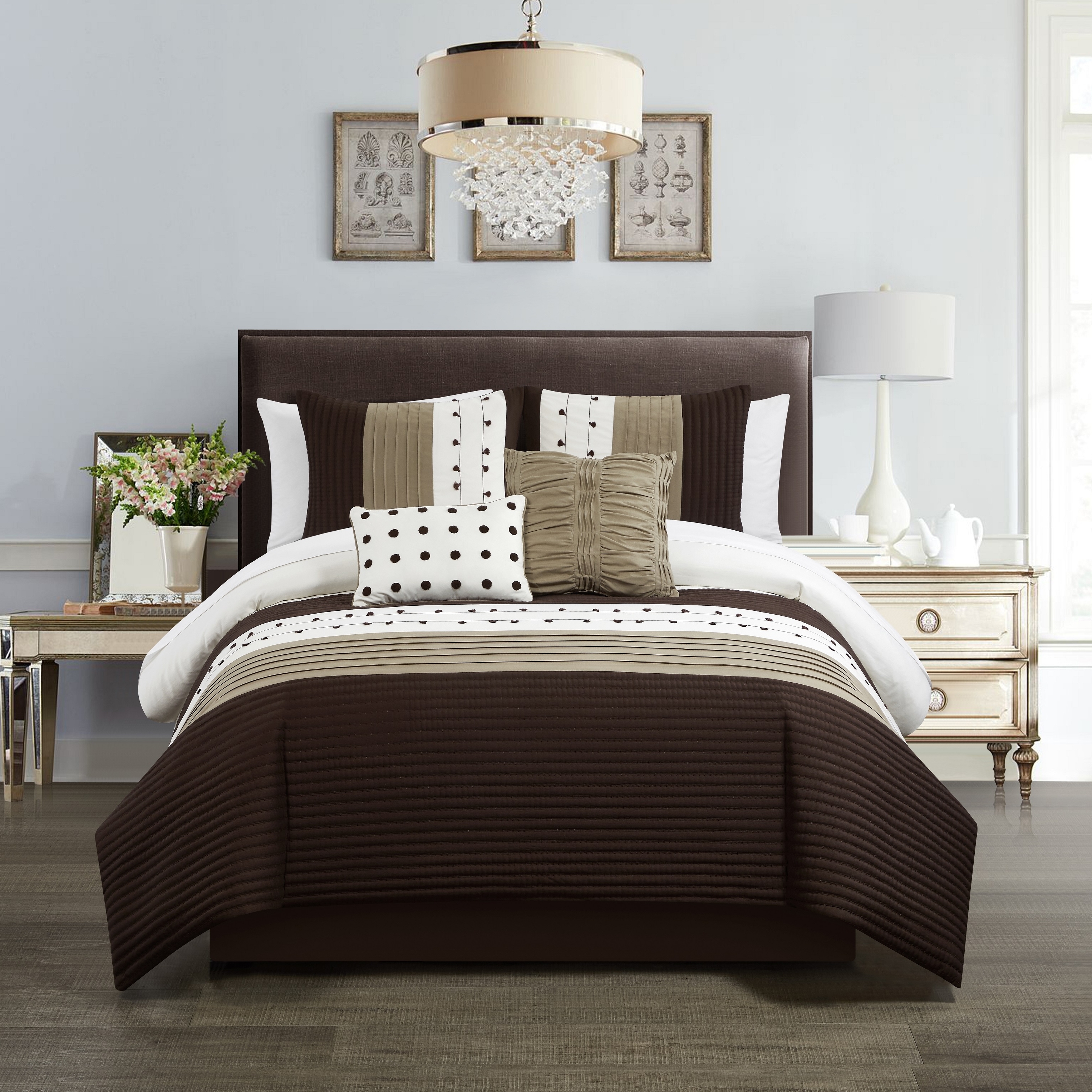Lainy 5 Piece Comforter Set Color Block Pleated Ribbed Embroidered Bedding - Brown, Queen