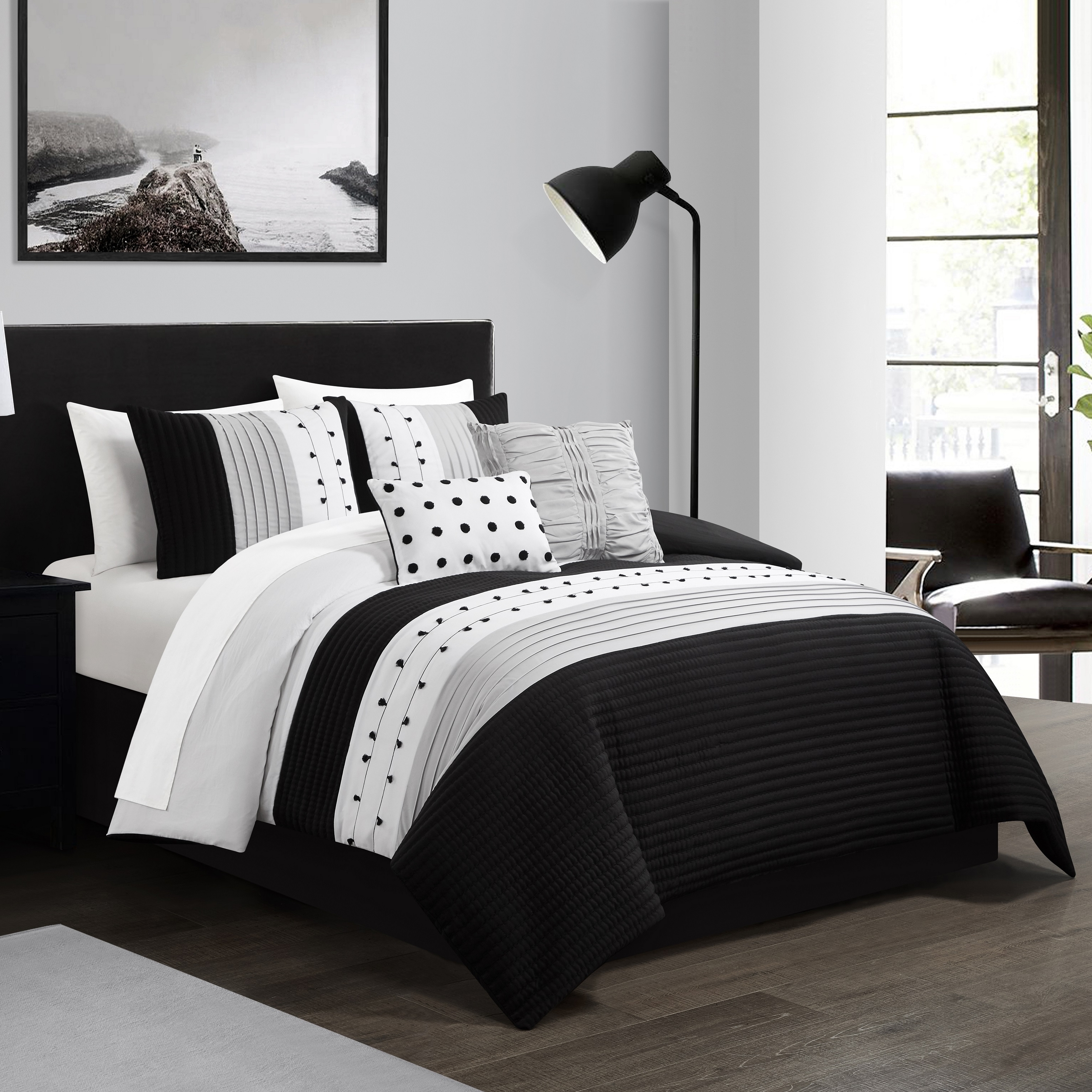 Lainy 5 Piece Comforter Set Color Block Pleated Ribbed Embroidered Bedding - Black, King