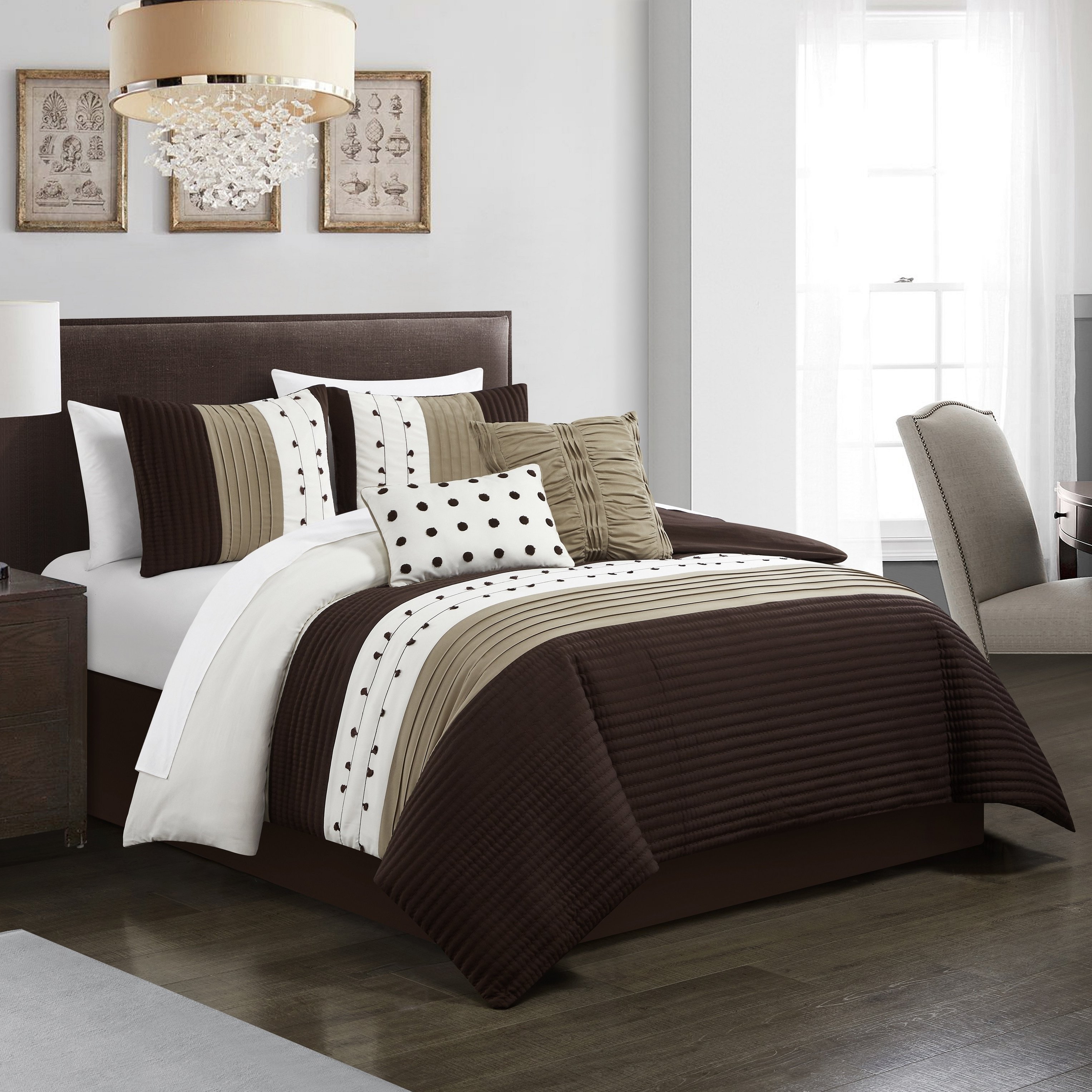 Lainy 5 Piece Comforter Set Color Block Pleated Ribbed Embroidered Bedding - Brown, King