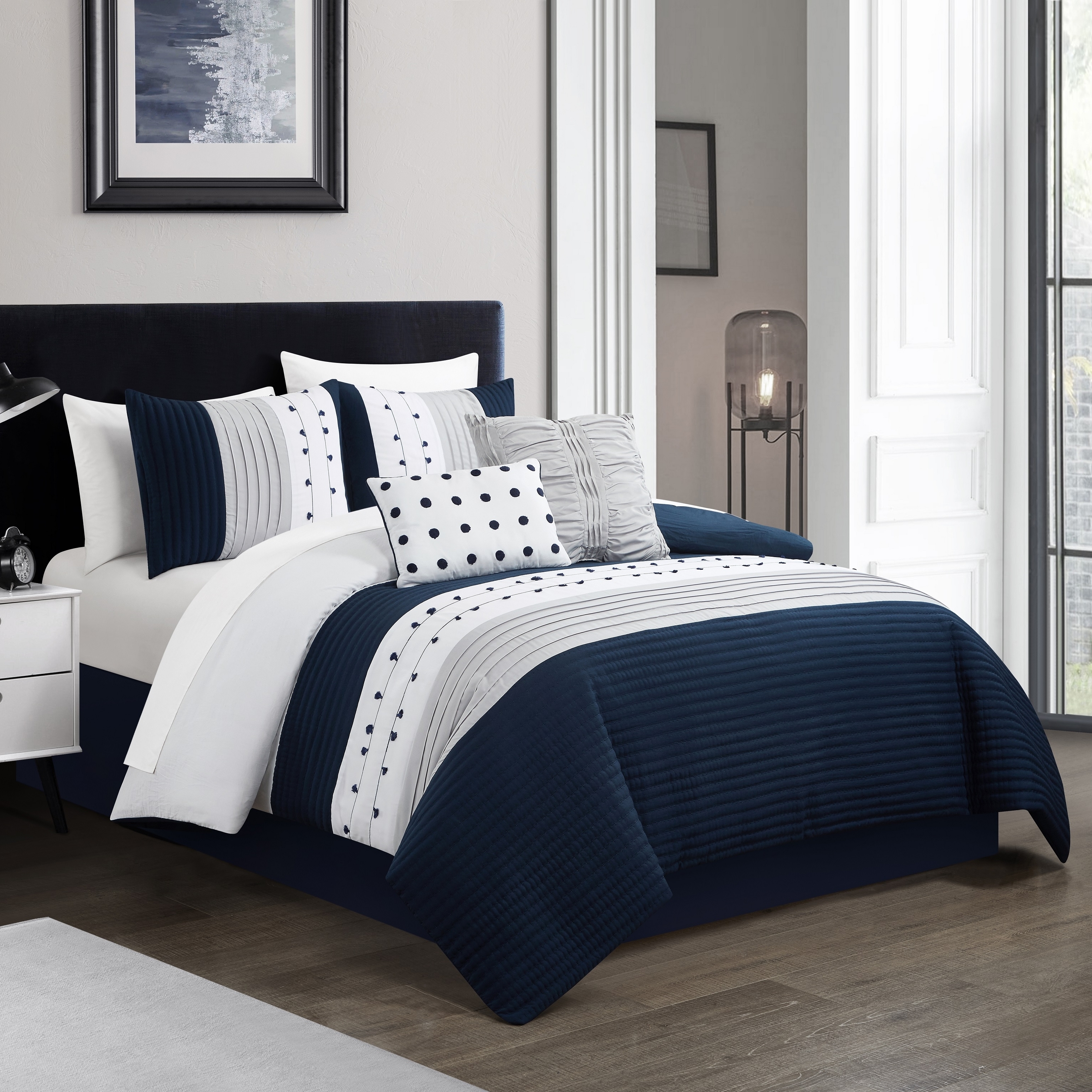 Lainy 5 Piece Comforter Set Color Block Pleated Ribbed Embroidered Bedding - Navy, King