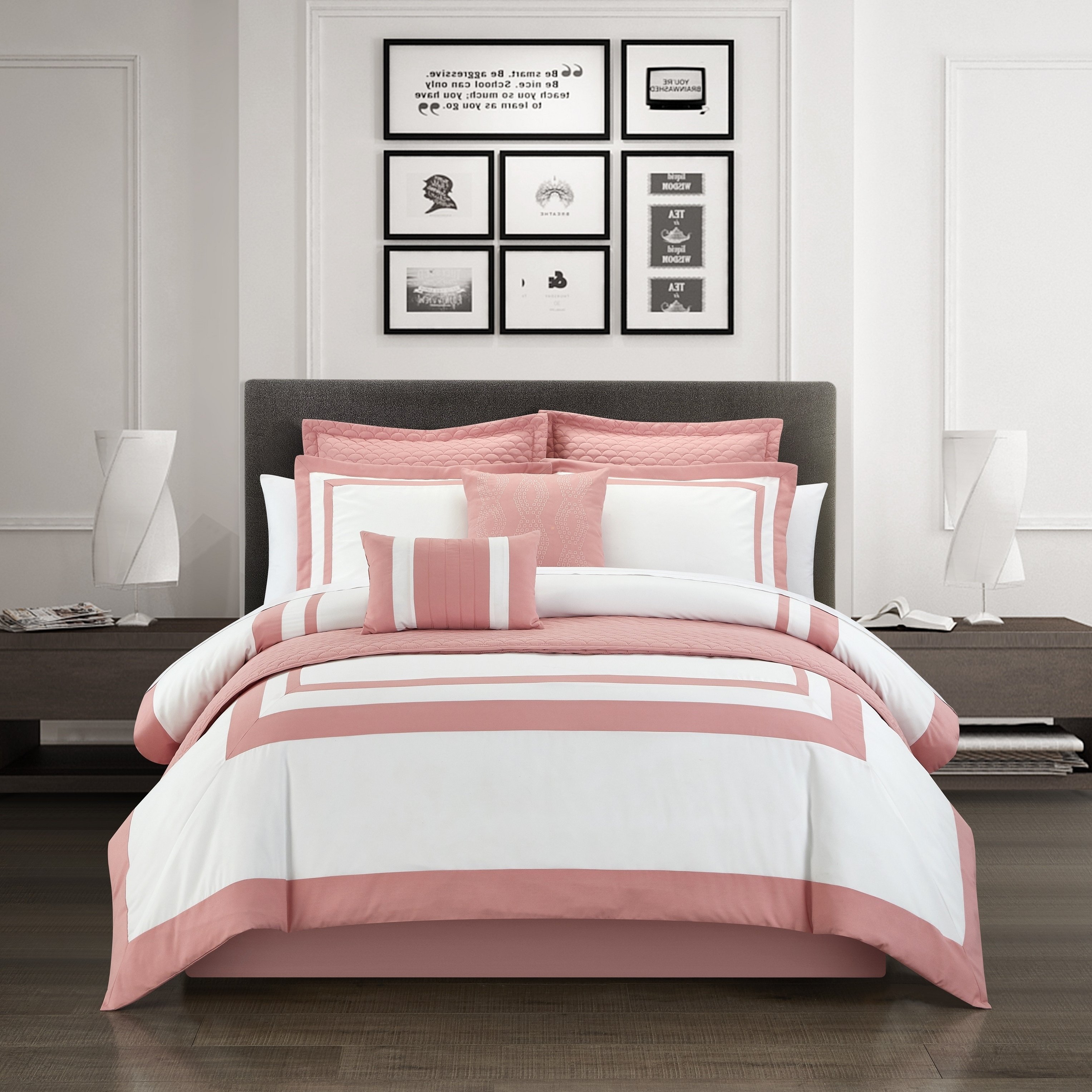 Hortense 8 Or 6 Piece Comforter And Quilt Set Hotel Collection - Rose, King - 8 Piece