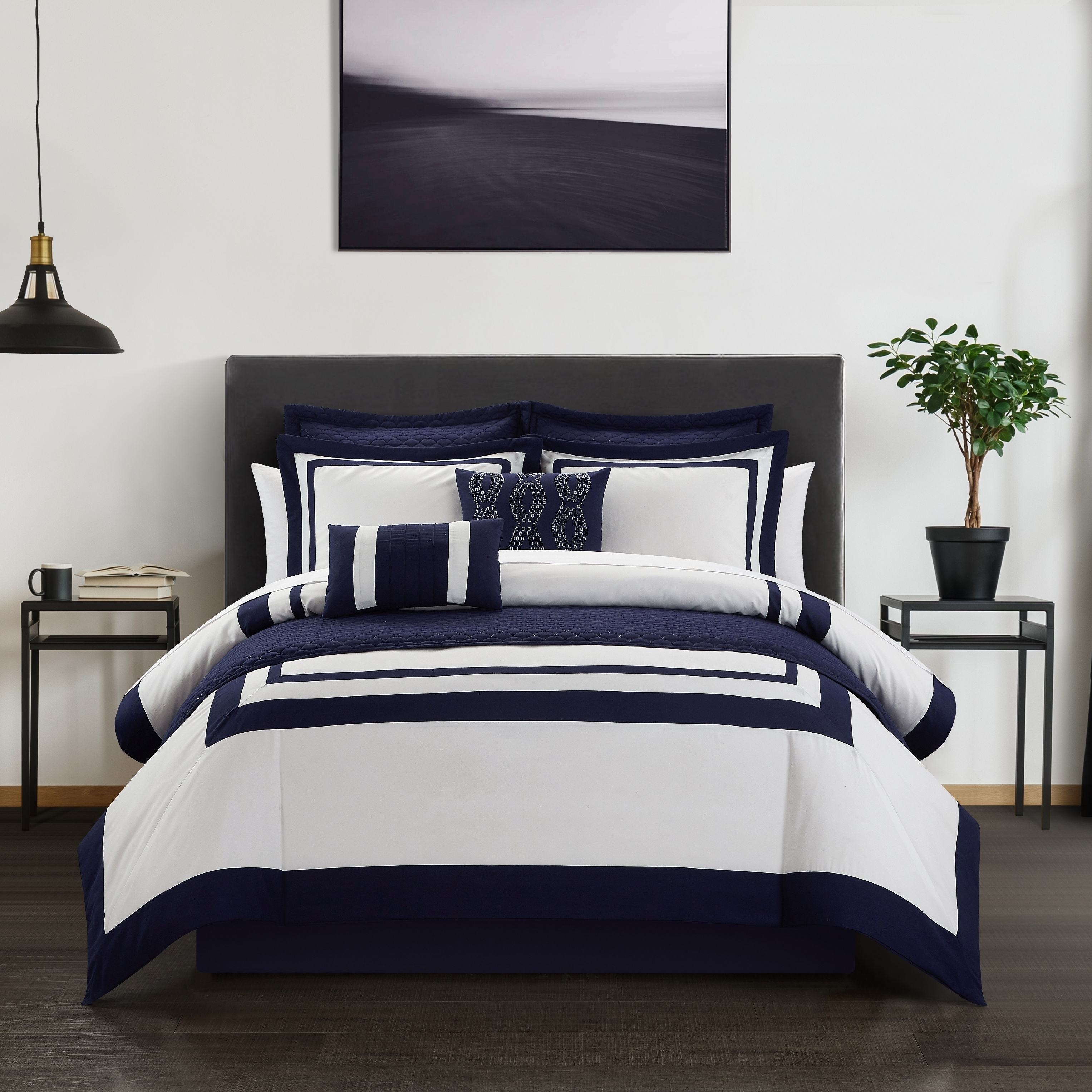 Hortense 8 Or 6 Piece Comforter And Quilt Set Hotel Collection - Navy, King - 8 Piece