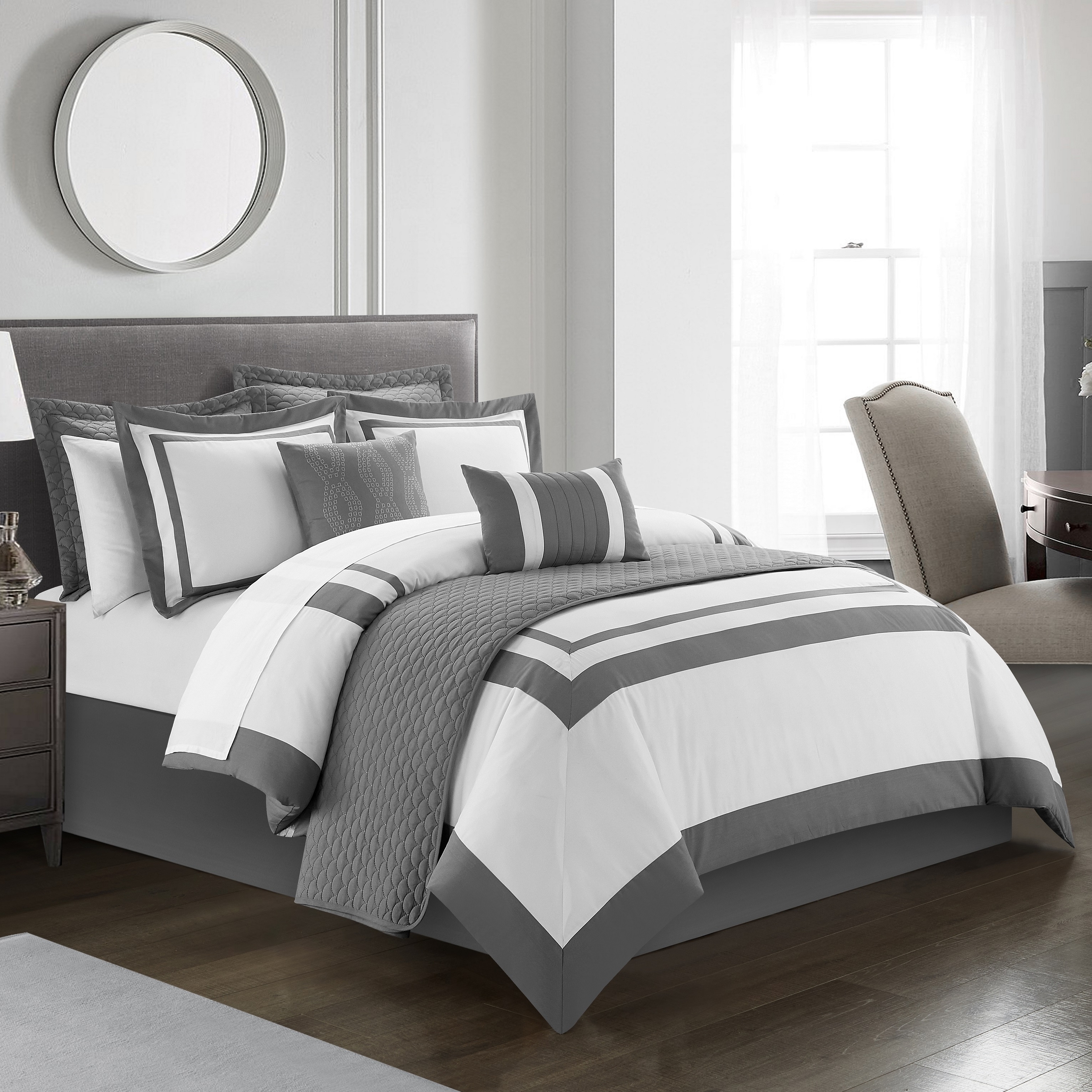 Hortense 8 Or 6 Piece Comforter And Quilt Set Hotel Collection - Grey, Twin - 6 Piece