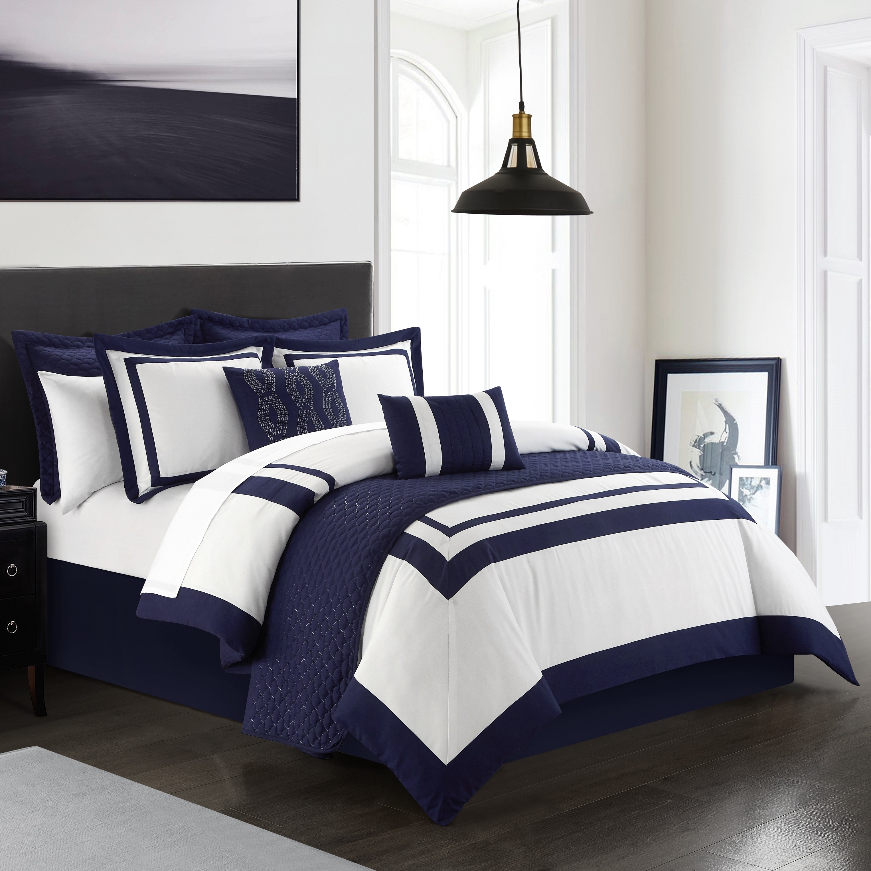 Hortense 8 Or 6 Piece Comforter And Quilt Set Hotel Collection - Navy, Twin - 6 Piece