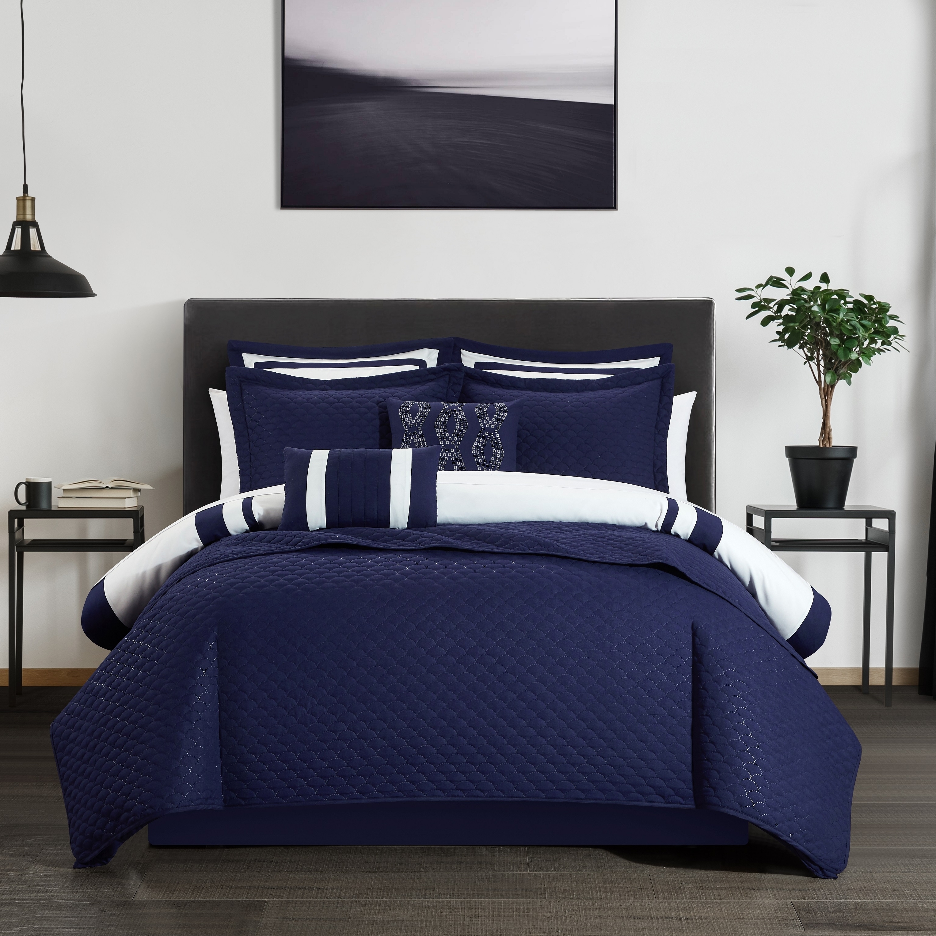 Hortense 8 Or 6 Piece Comforter And Quilt Set Hotel Collection - Navy, Queen - 8 Piece