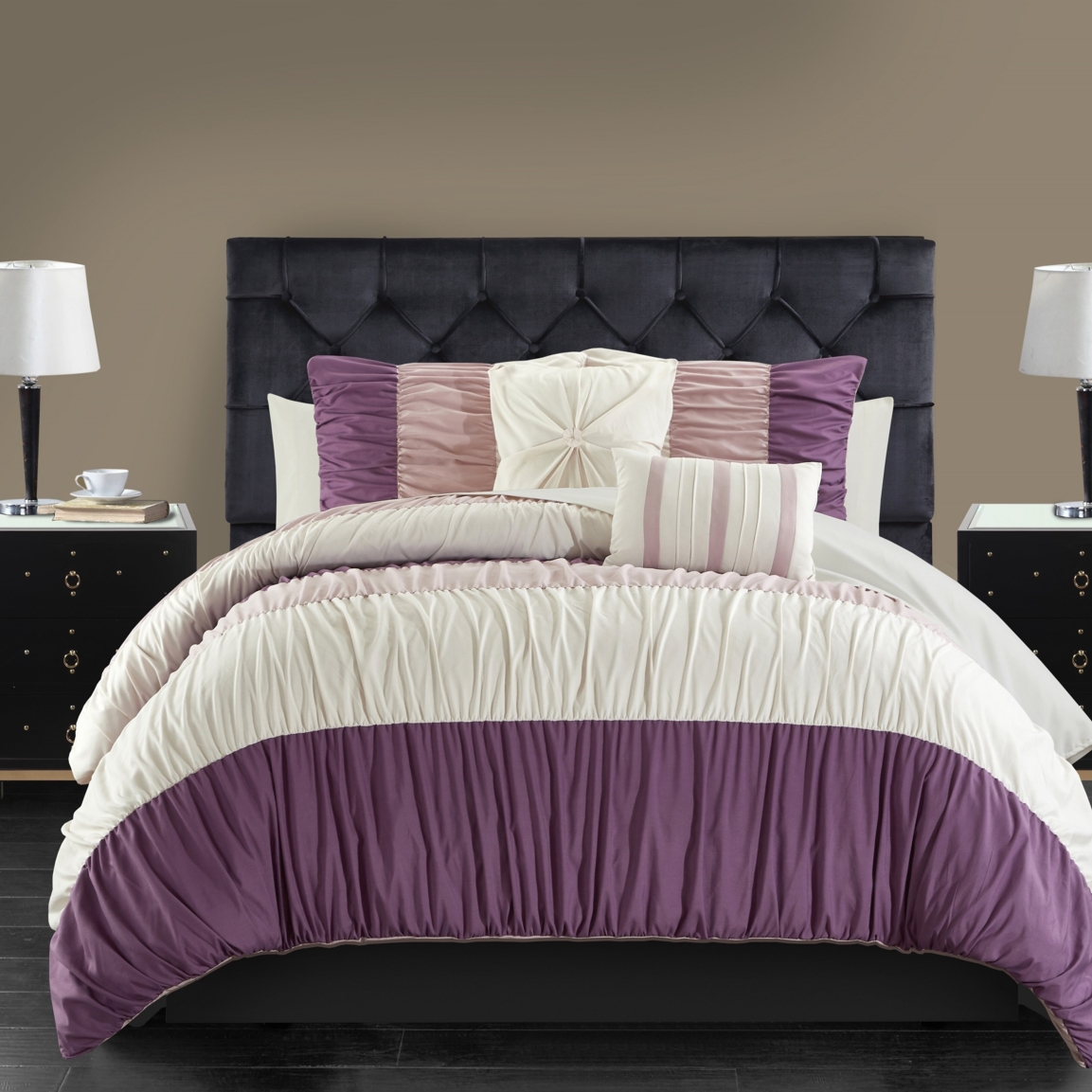 Faye 9 Or 7 Piece Comforter Ruched Color Block Bed In A Bag - Purple, King - 9 Piece