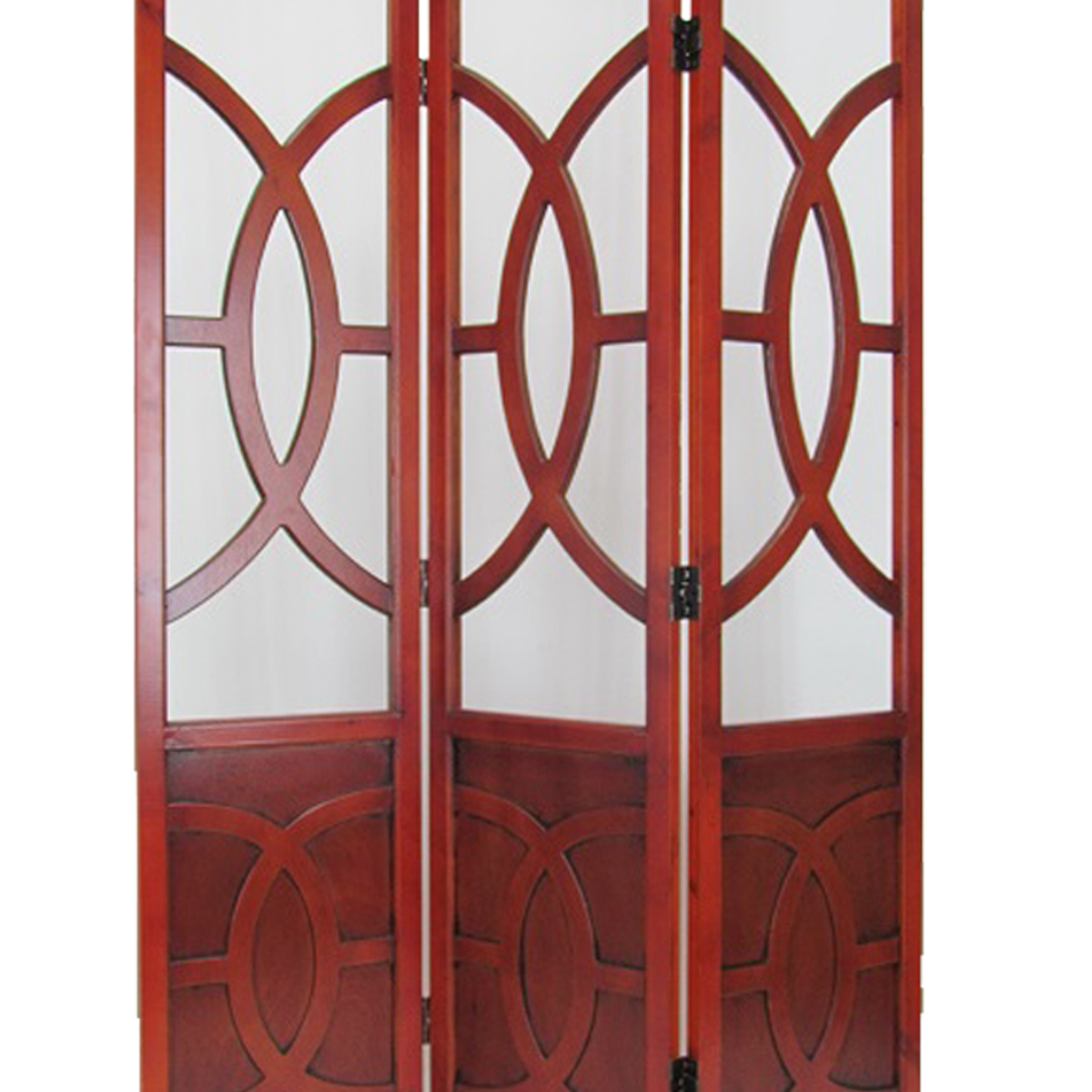 3 Panel Wooden Frame Screen With Interconnected Cut Out, Cherry Brown- Saltoro Sherpi