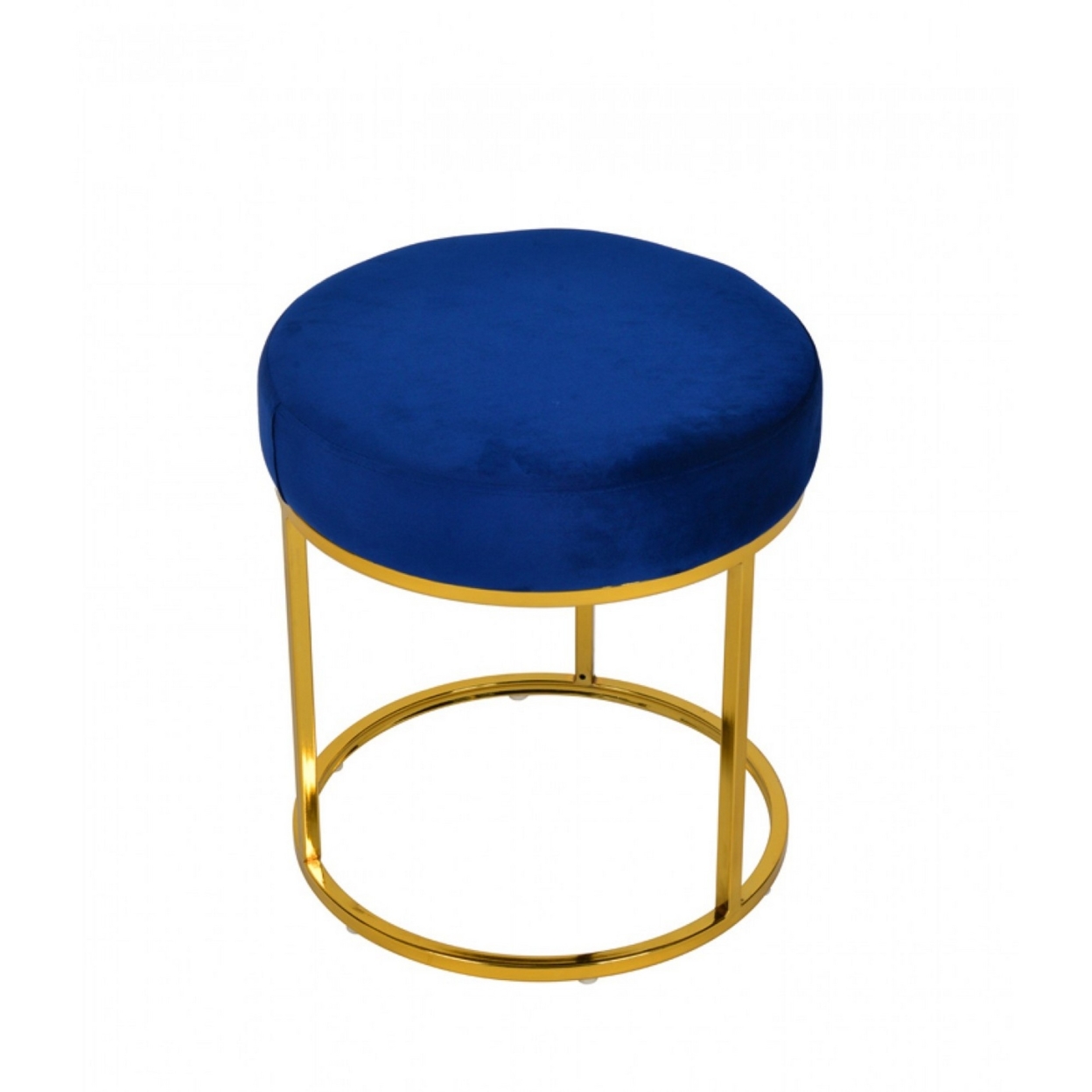 Velvet Upholstered Round Ottoman With Tubular Metal Base, Blue And Gold- Saltoro Sherpi