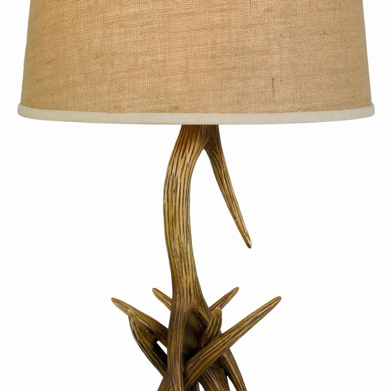 Textured Fabric Shade Table Lamp With Antler Design Base, Beige And Brown- Saltoro Sherpi