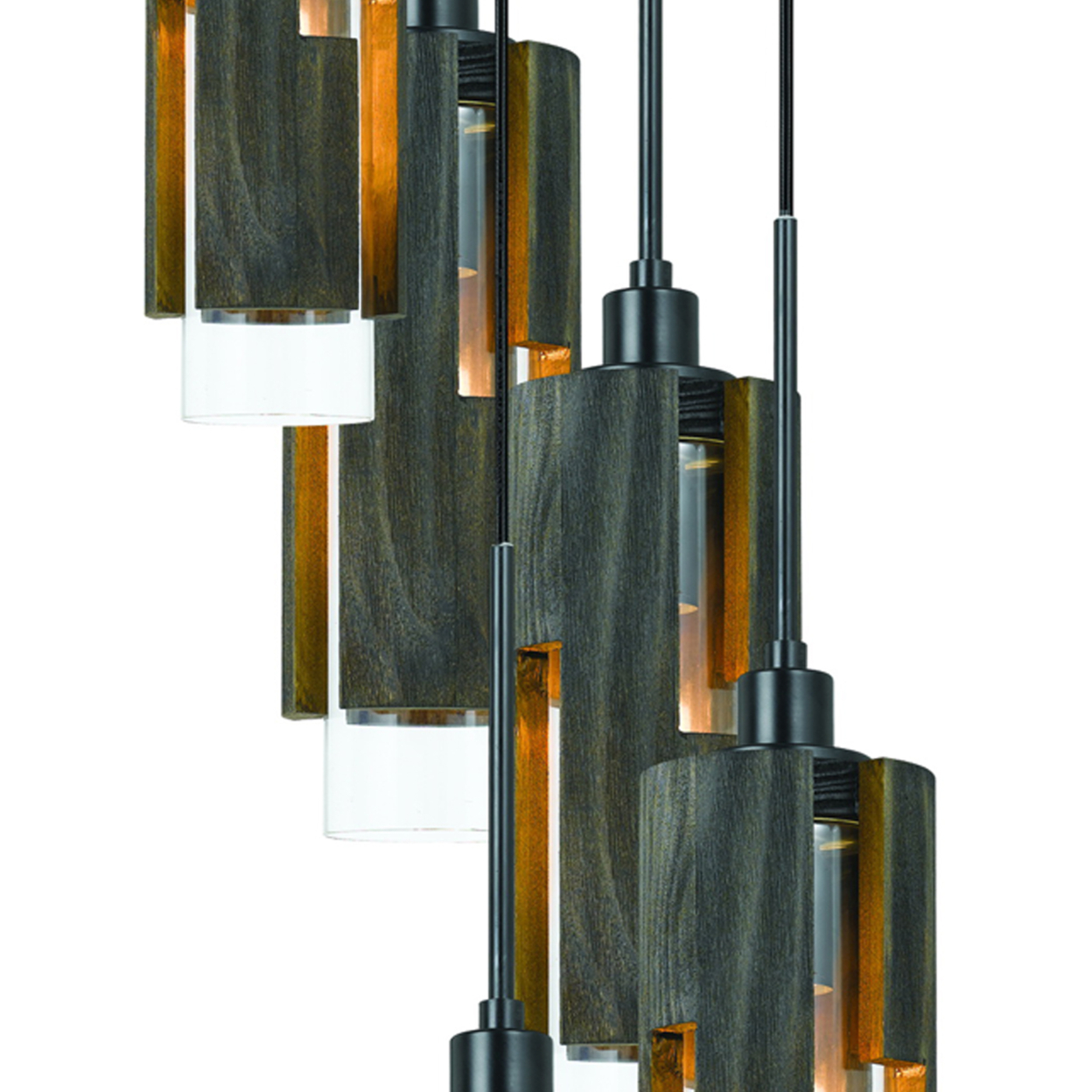 5 Light Metal Frame Pendant Fixture With Wooden And Glass Shades, Gray- Saltoro Sherpi
