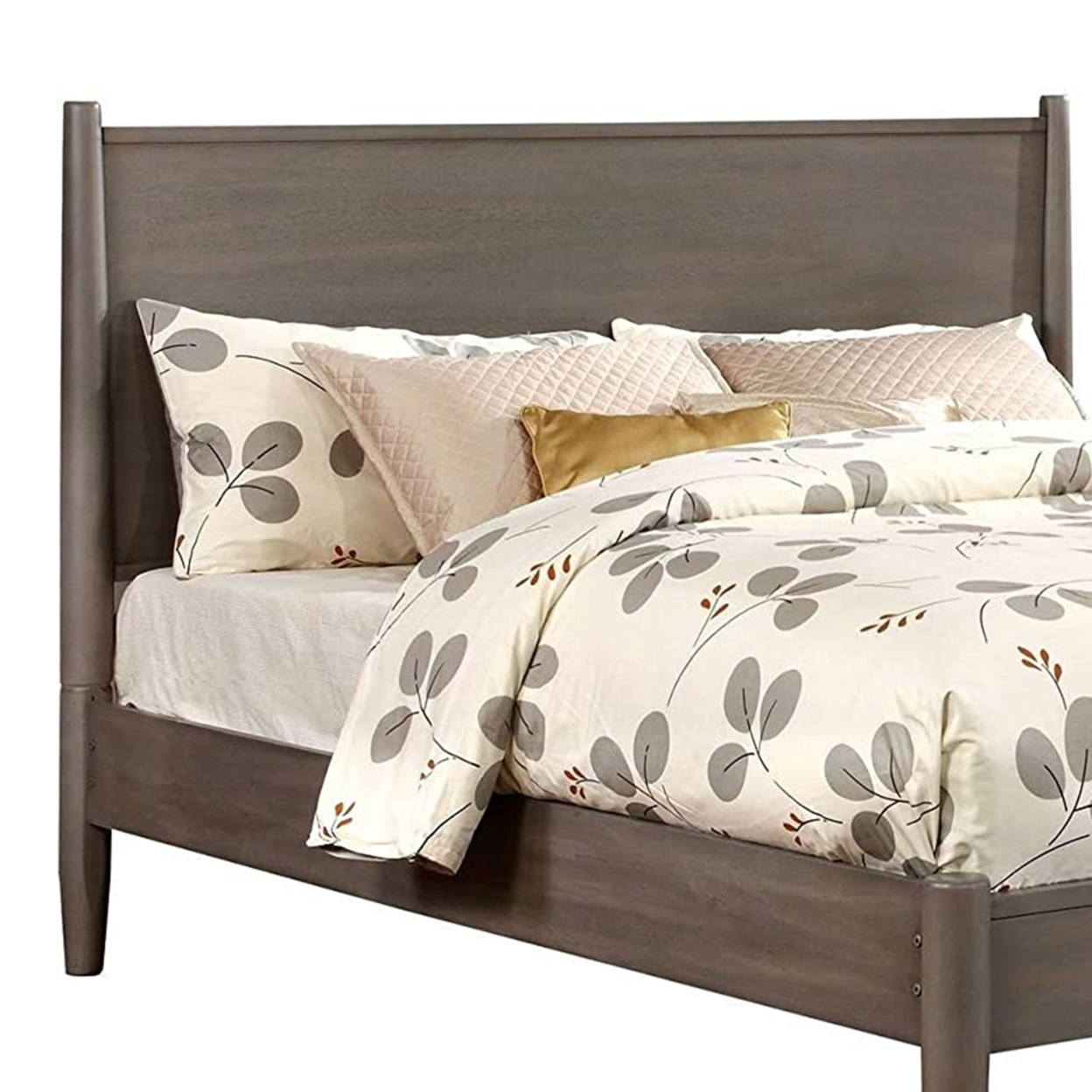 Mid Century Modern Wood Queen Bed With Round Tapered Legs, Gray- Saltoro Sherpi